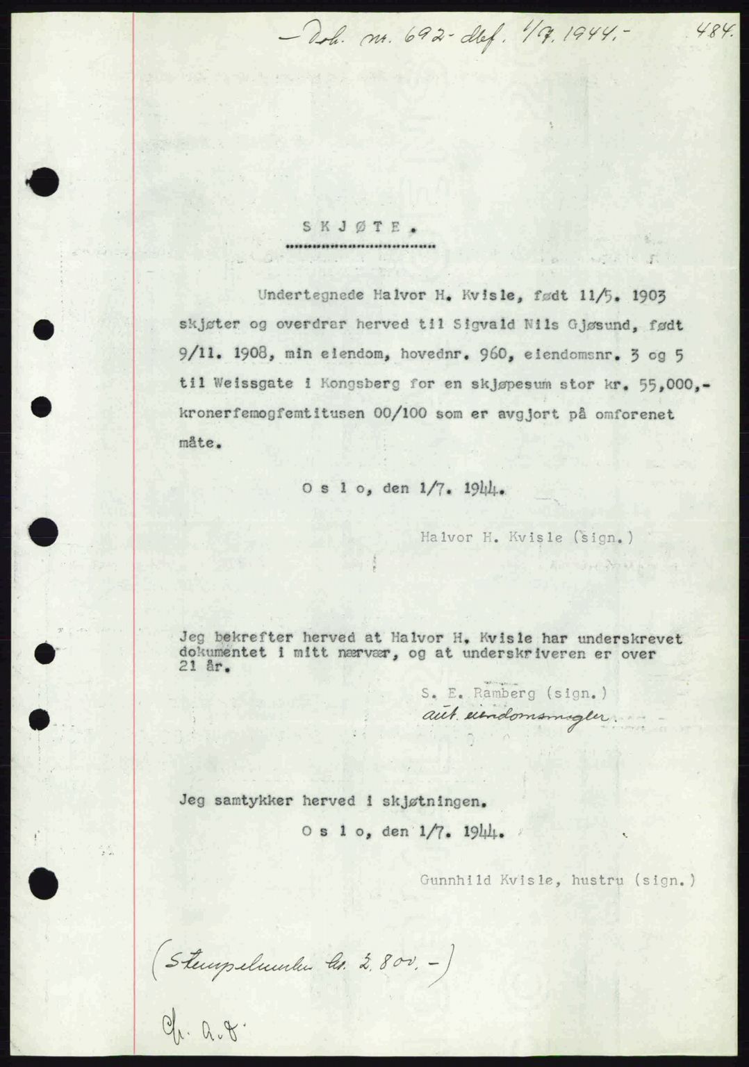 Numedal og Sandsvær sorenskriveri, SAKO/A-128/G/Ga/Gaa/L0055: Pantebok nr. A7, 1943-1944, Dagboknr: 692/1944