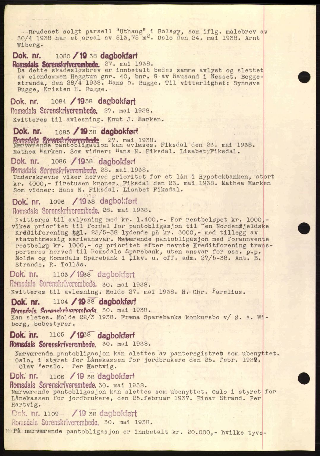 Romsdal sorenskriveri, AV/SAT-A-4149/1/2/2C: Pantebok nr. C1a, 1936-1945, Dagboknr: 1080/1938