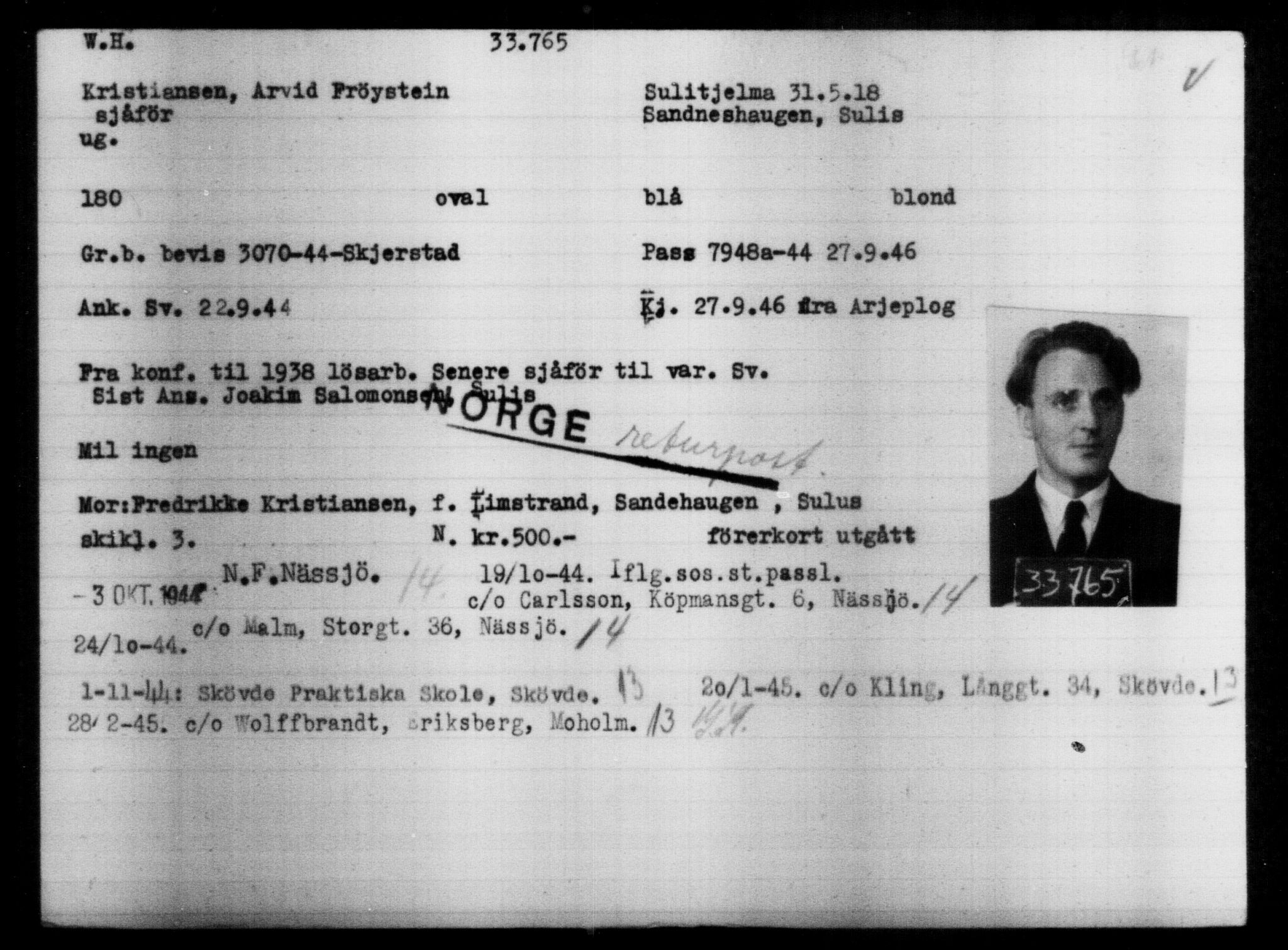 Utenriksstasjonene, Legasjonen i Stockholm, Flyktningkontoret, AV/RA-S-6753/V/Va/L0013: Kjesäterkartoteket, flyktninger med registreringsnr. 31500-34731, 1940-1945, s. 2391