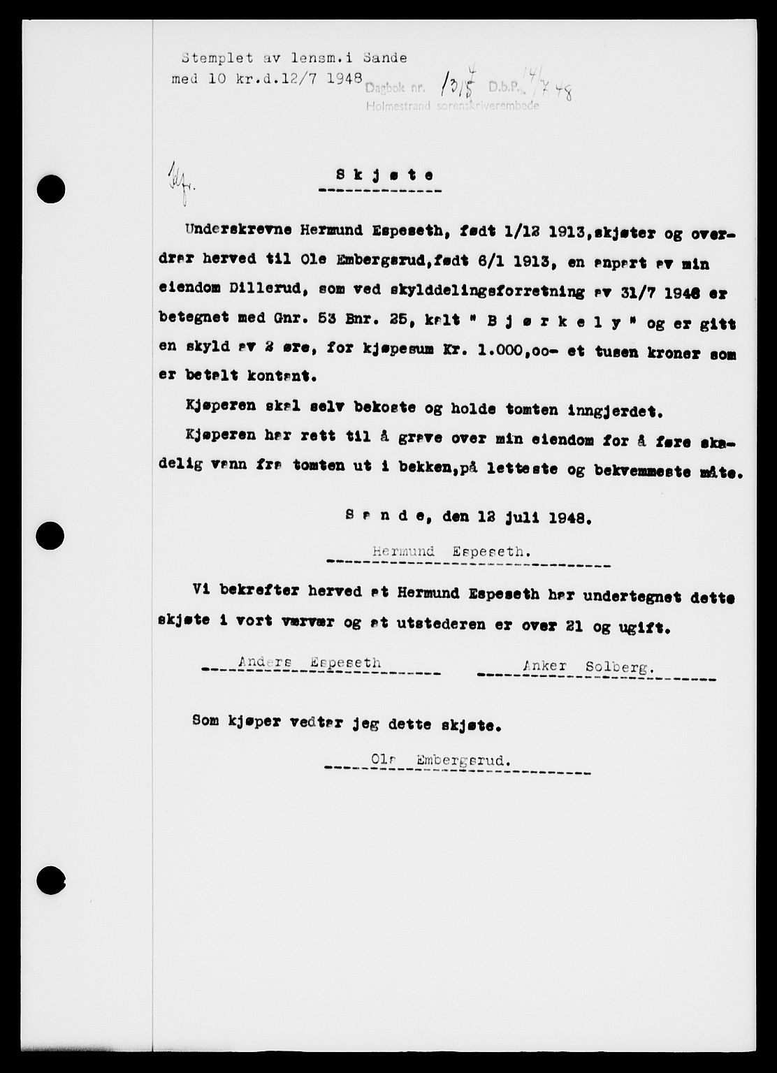 Holmestrand sorenskriveri, SAKO/A-67/G/Ga/Gaa/L0064: Pantebok nr. A-64, 1948-1948, Dagboknr: 1315/1948