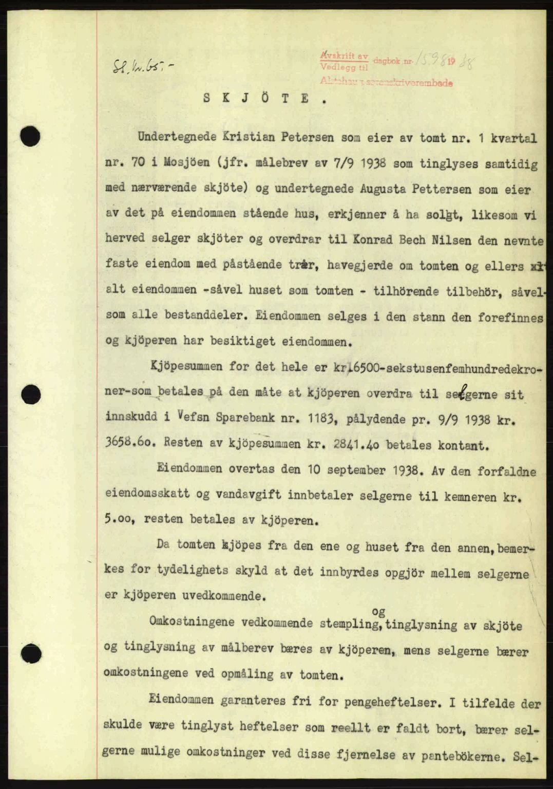 Alstahaug sorenskriveri, SAT/A-1009: Pantebok nr. A3, 1937-1938, Dagboknr: 1598/1938