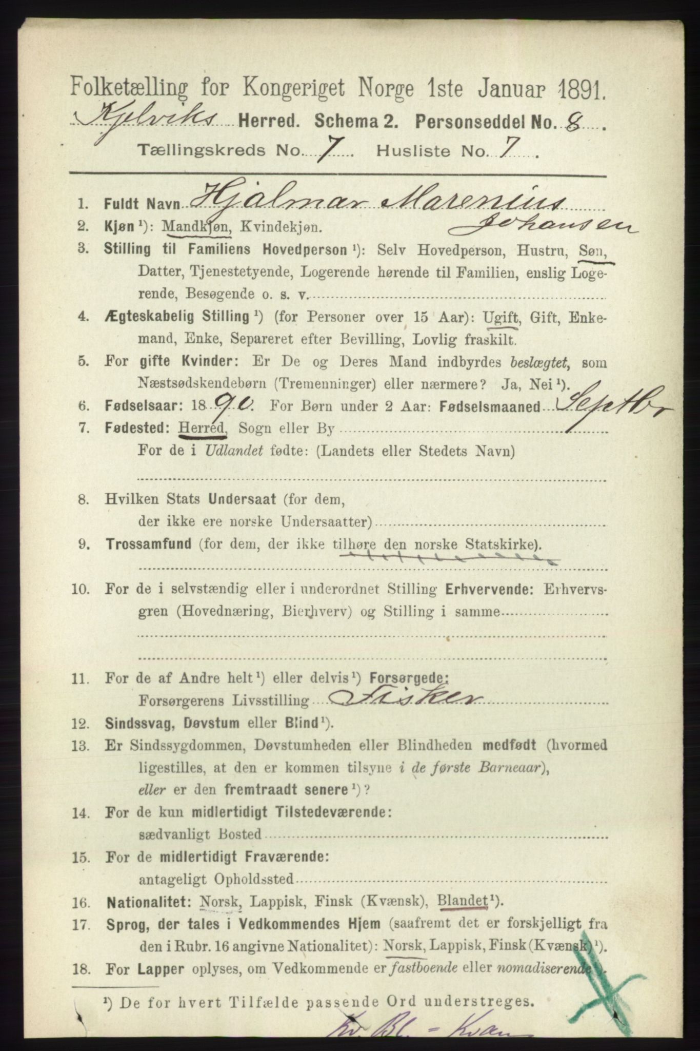 RA, Folketelling 1891 for 2019 Kjelvik herred, 1891, s. 932