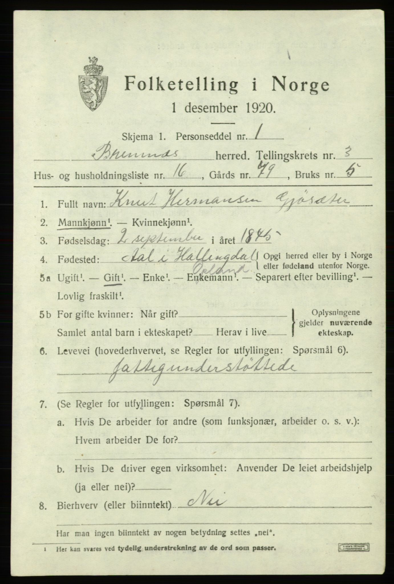 SAB, Folketelling 1920 for 1220 Bremnes herred, 1920, s. 1768