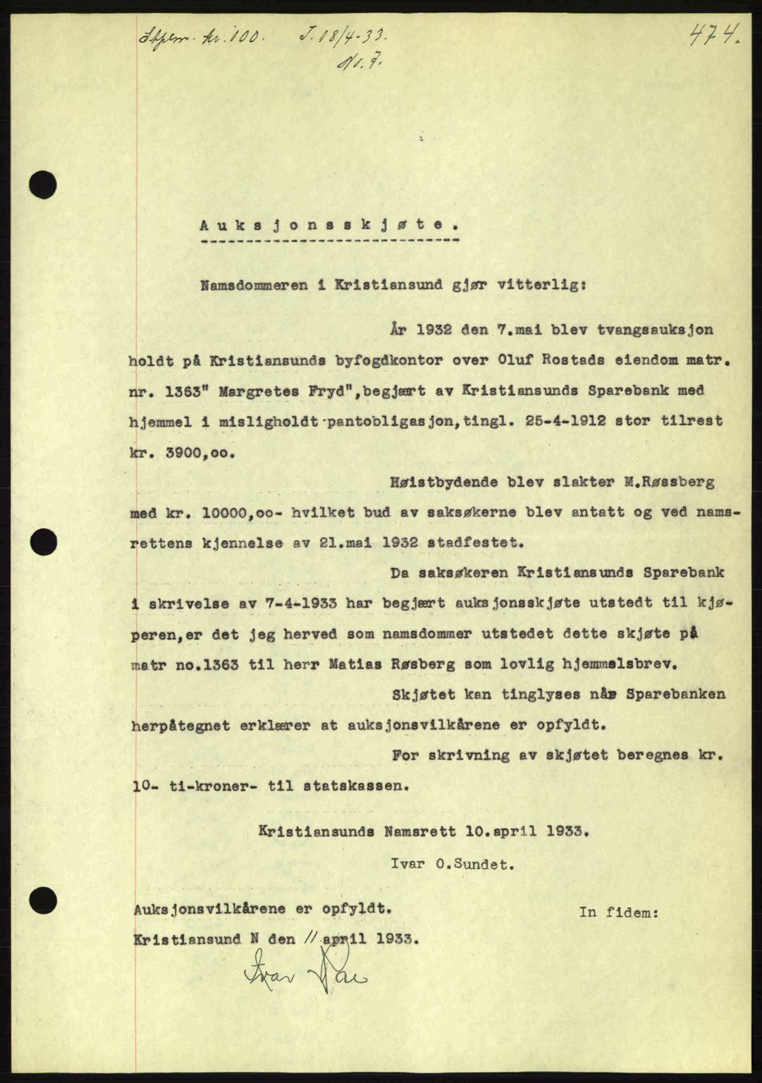 Kristiansund byfogd, AV/SAT-A-4587/A/27: Pantebok nr. 26, 1931-1933, Tingl.dato: 18.04.1933