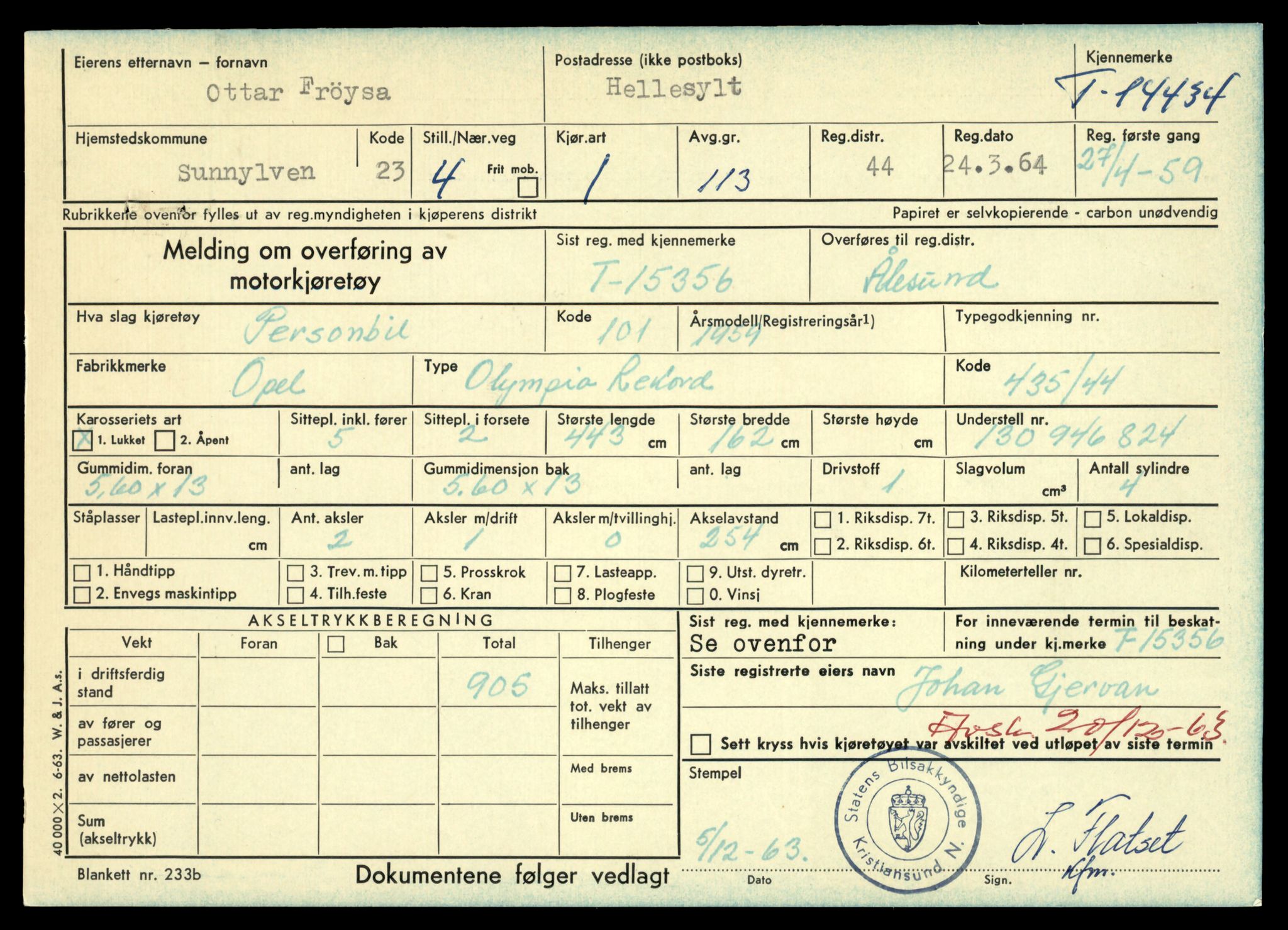 Møre og Romsdal vegkontor - Ålesund trafikkstasjon, AV/SAT-A-4099/F/Fe/L0045: Registreringskort for kjøretøy T 14320 - T 14444, 1927-1998, s. 2912