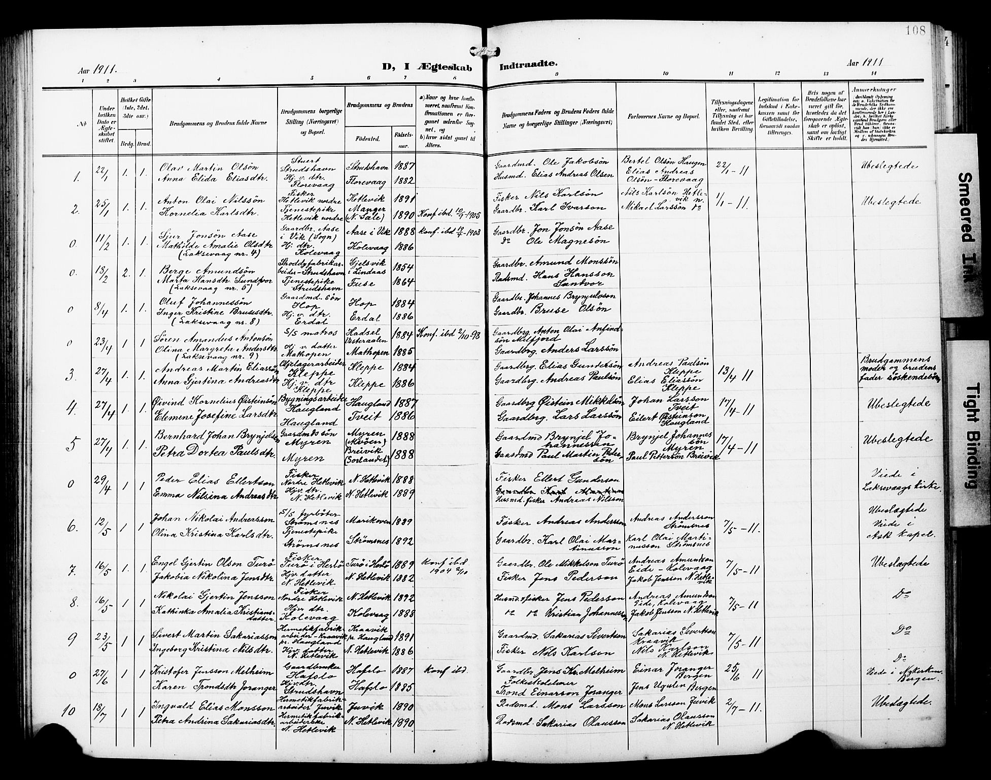 Askøy Sokneprestembete, AV/SAB-A-74101/H/Ha/Hab/Haba/L0014: Klokkerbok nr. A 14, 1904-1927, s. 108