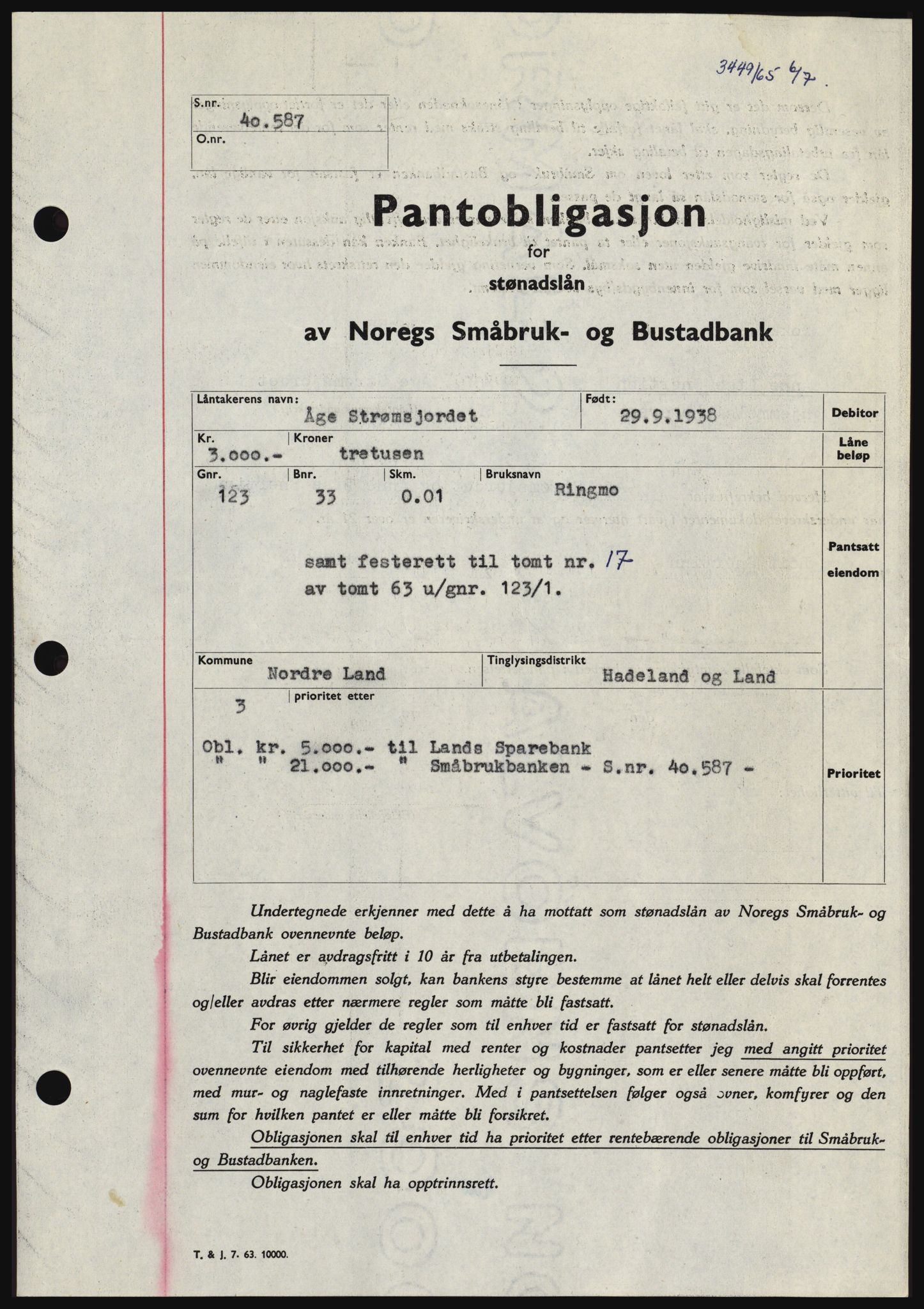 Hadeland og Land tingrett, SAH/TING-010/H/Hb/Hbc/L0059: Pantebok nr. B59, 1965-1965, Dagboknr: 3449/1965