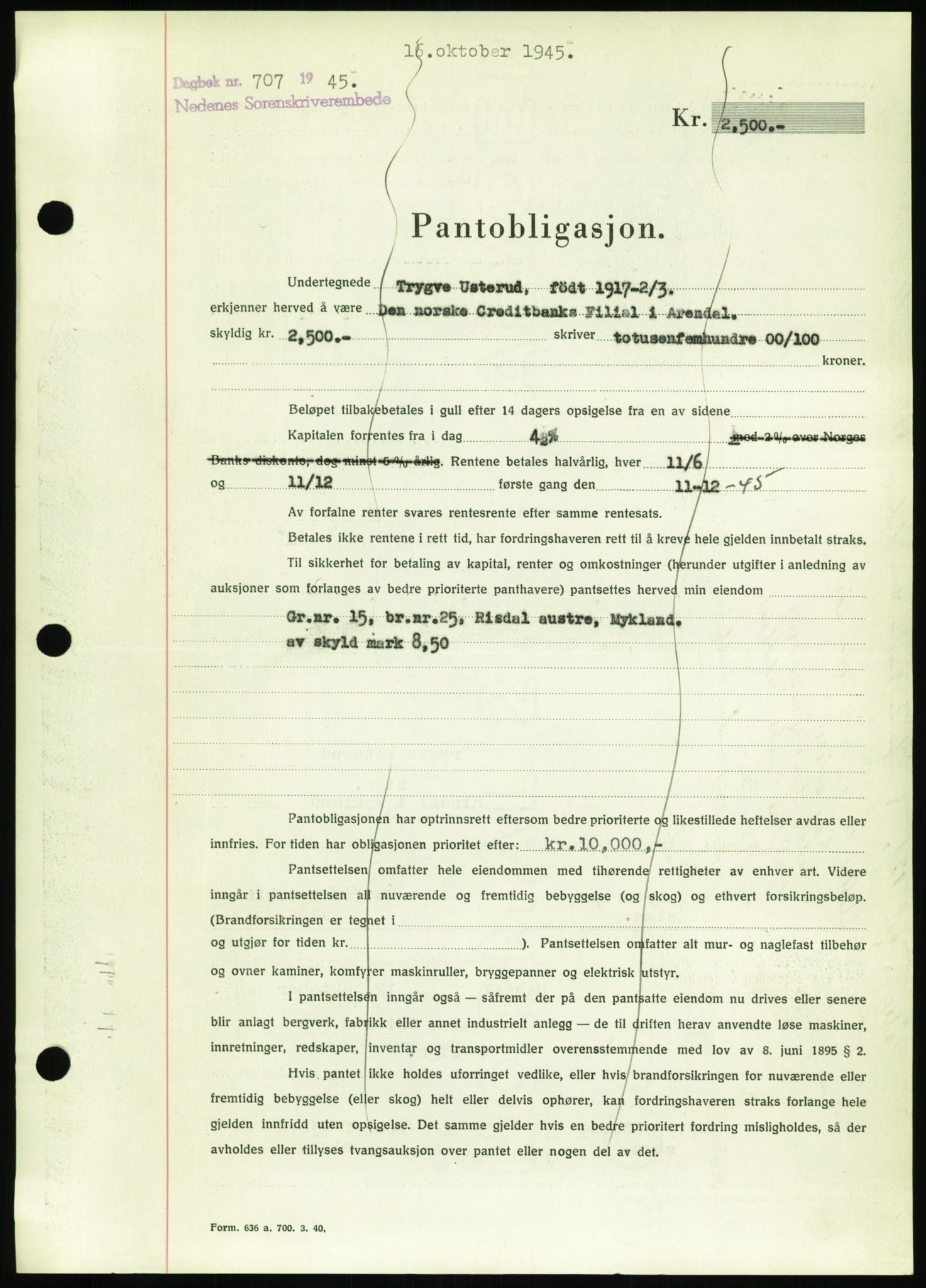 Nedenes sorenskriveri, SAK/1221-0006/G/Gb/Gbb/L0002: Pantebok nr. II, 1942-1945, Dagboknr: 707/1945