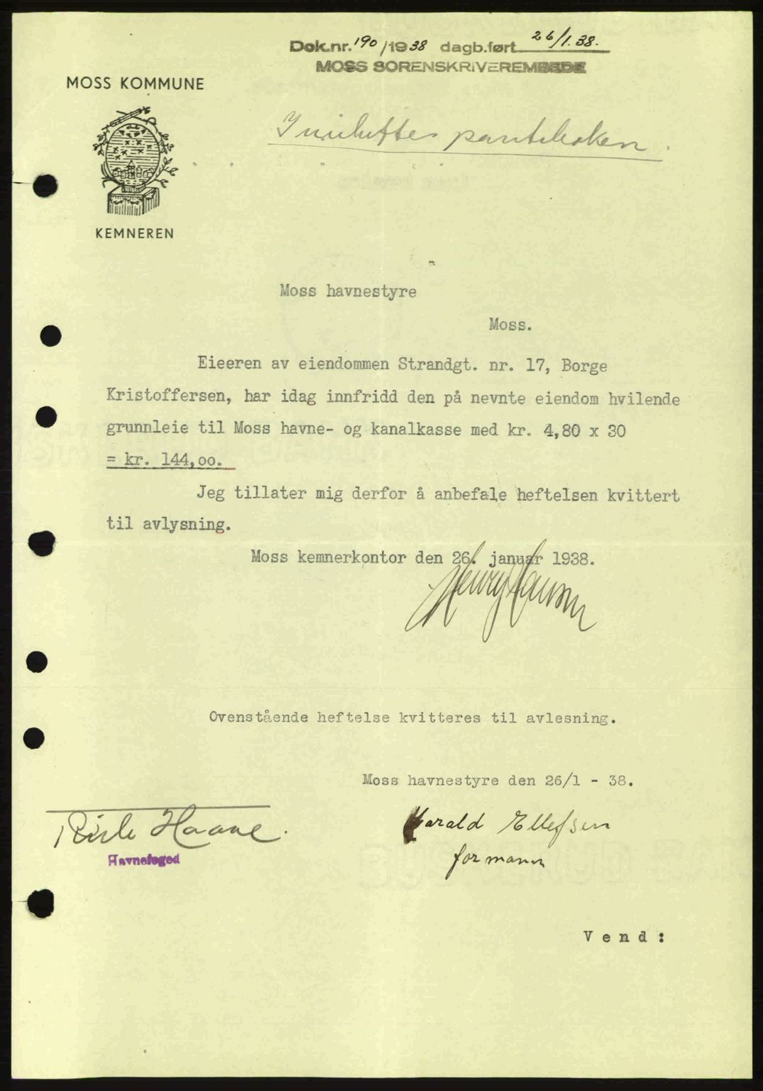 Moss sorenskriveri, SAO/A-10168: Pantebok nr. B4, 1937-1938, Dagboknr: 190/1938