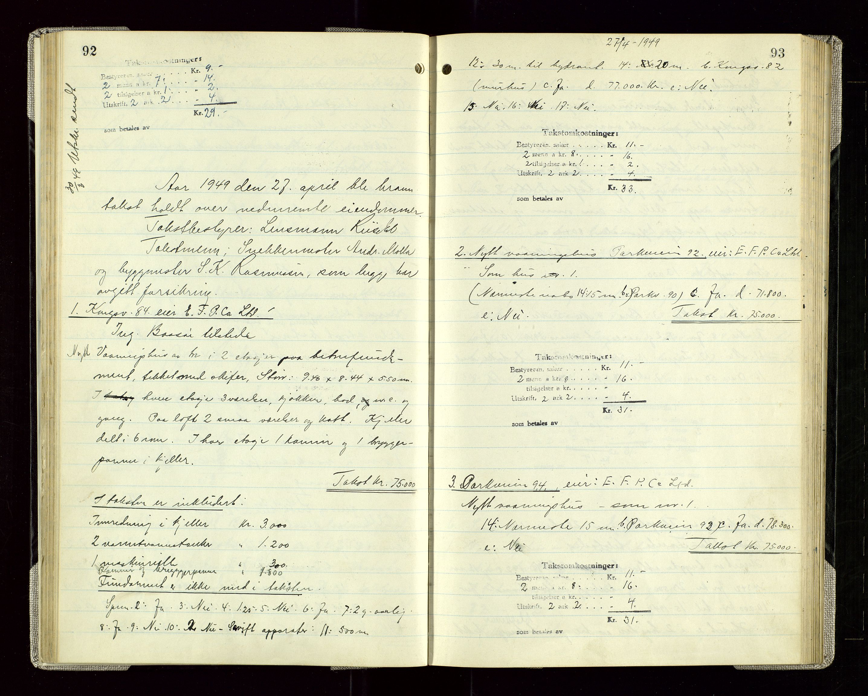 Sauda lensmannskontor, AV/SAST-A-100177/Goa/L0005: "Branntakstprotokoll for Sauda lensmannsdistrikt", 1946-1955, s. 92-93