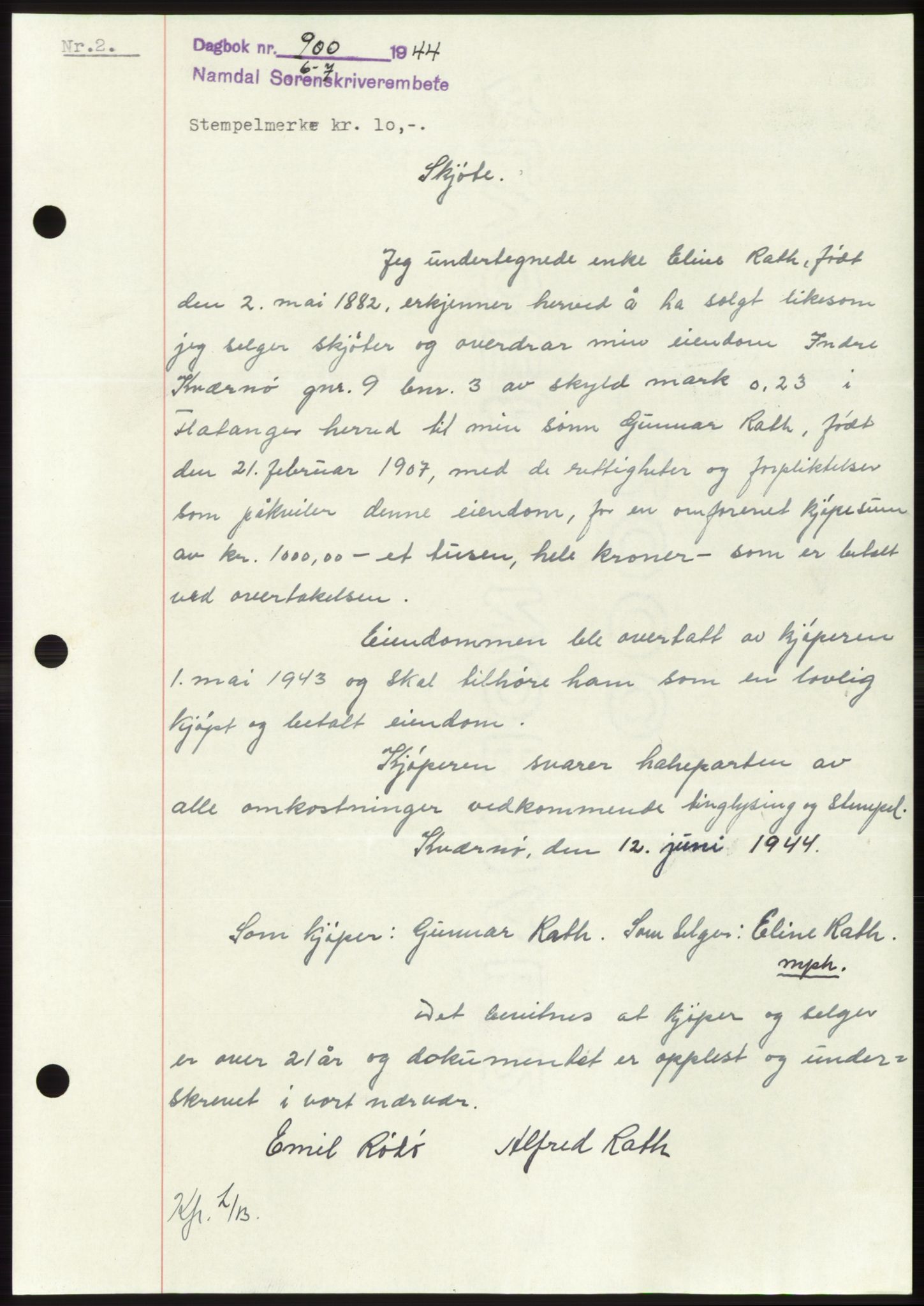 Namdal sorenskriveri, SAT/A-4133/1/2/2C: Pantebok nr. -, 1944-1945, Dagboknr: 900/1944