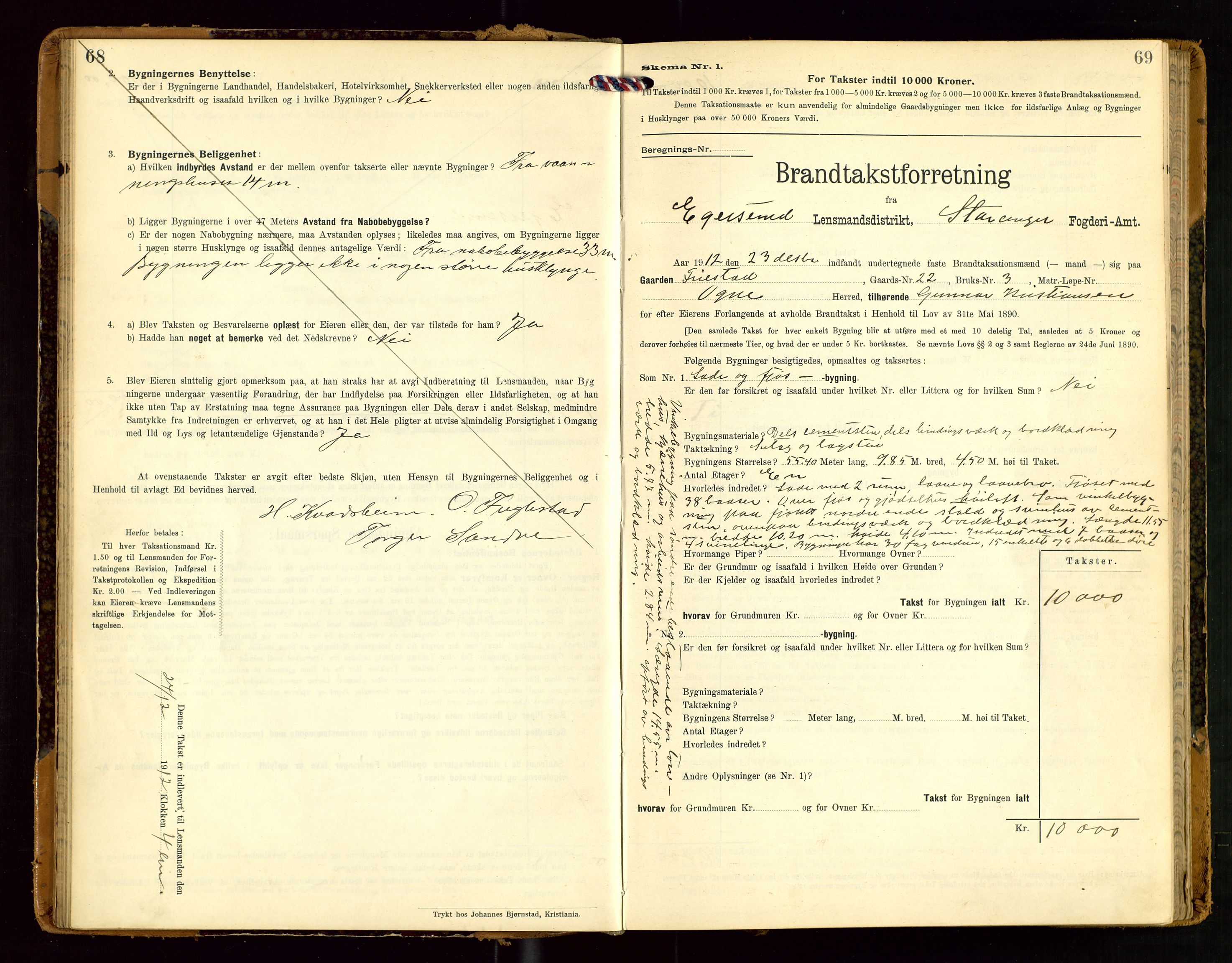 Eigersund lensmannskontor, SAST/A-100171/Gob/L0002: "Brandtakstprotokol", 1910-1916, s. 68-69