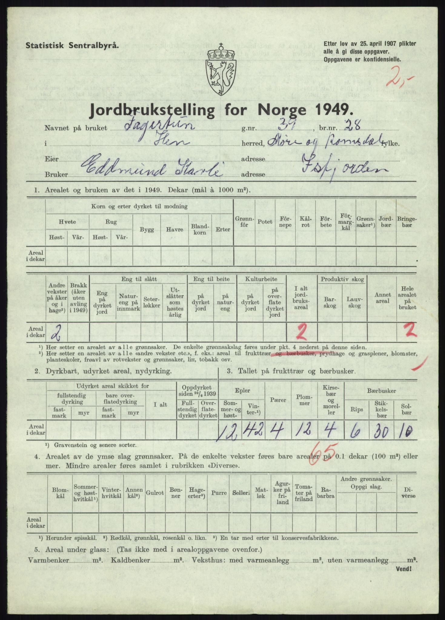 Statistisk sentralbyrå, Næringsøkonomiske emner, Jordbruk, skogbruk, jakt, fiske og fangst, AV/RA-S-2234/G/Gc/L0323: Møre og Romsdal: Grytten og Hen, 1949, s. 387