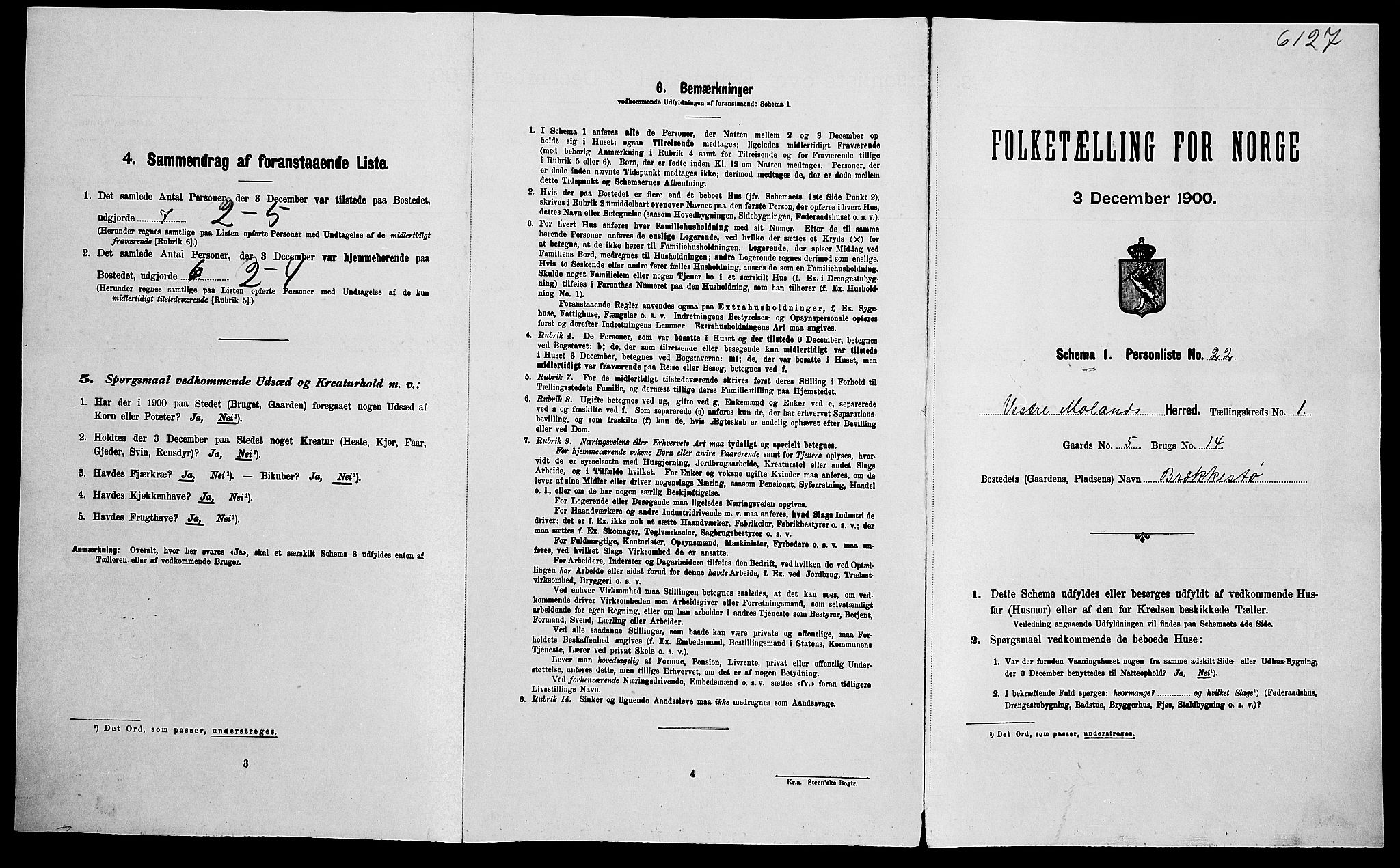 SAK, Folketelling 1900 for 0926 Vestre Moland herred, 1900, s. 122