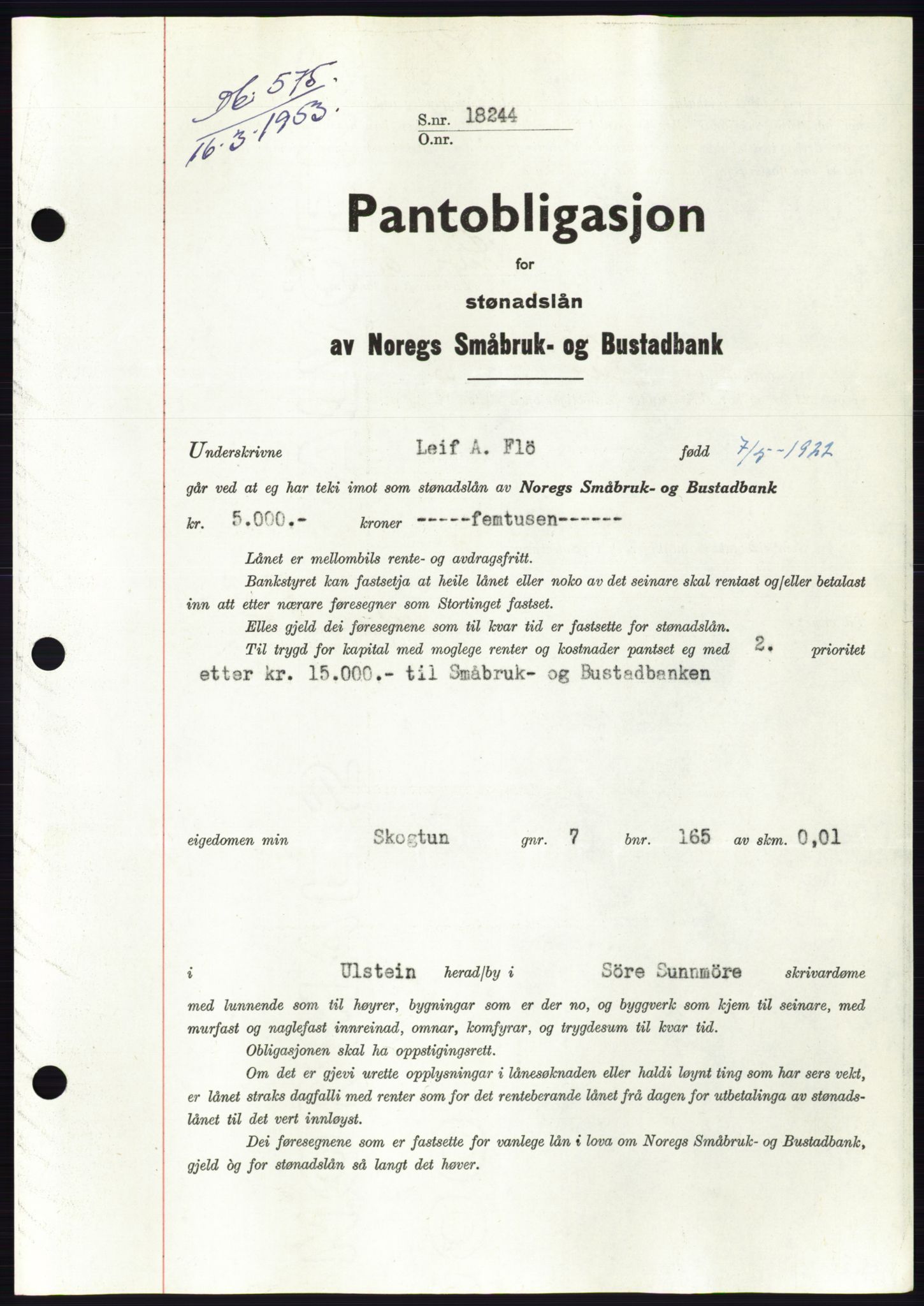 Søre Sunnmøre sorenskriveri, SAT/A-4122/1/2/2C/L0123: Pantebok nr. 11B, 1953-1953, Dagboknr: 575/1953
