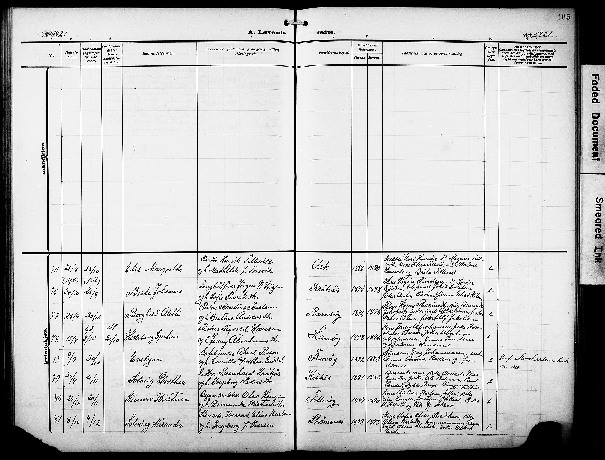 Askøy Sokneprestembete, AV/SAB-A-74101/H/Ha/Hab/Haba/L0011: Klokkerbok nr. A 11, 1908-1931, s. 165