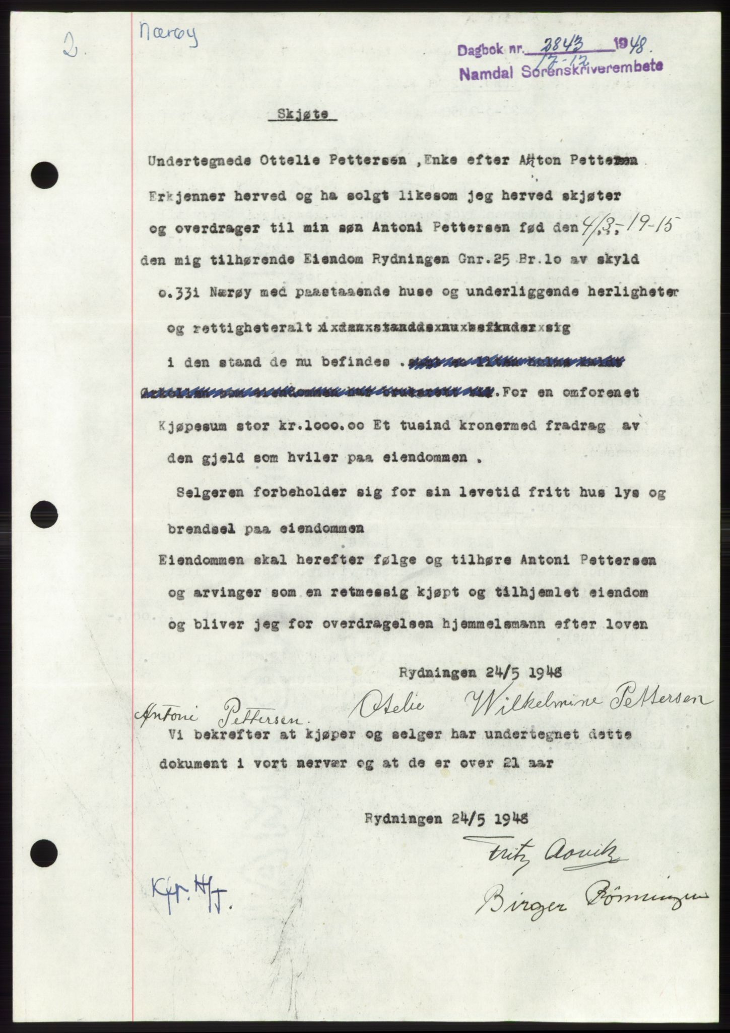Namdal sorenskriveri, SAT/A-4133/1/2/2C: Pantebok nr. -, 1948-1948, Dagboknr: 2843/1948