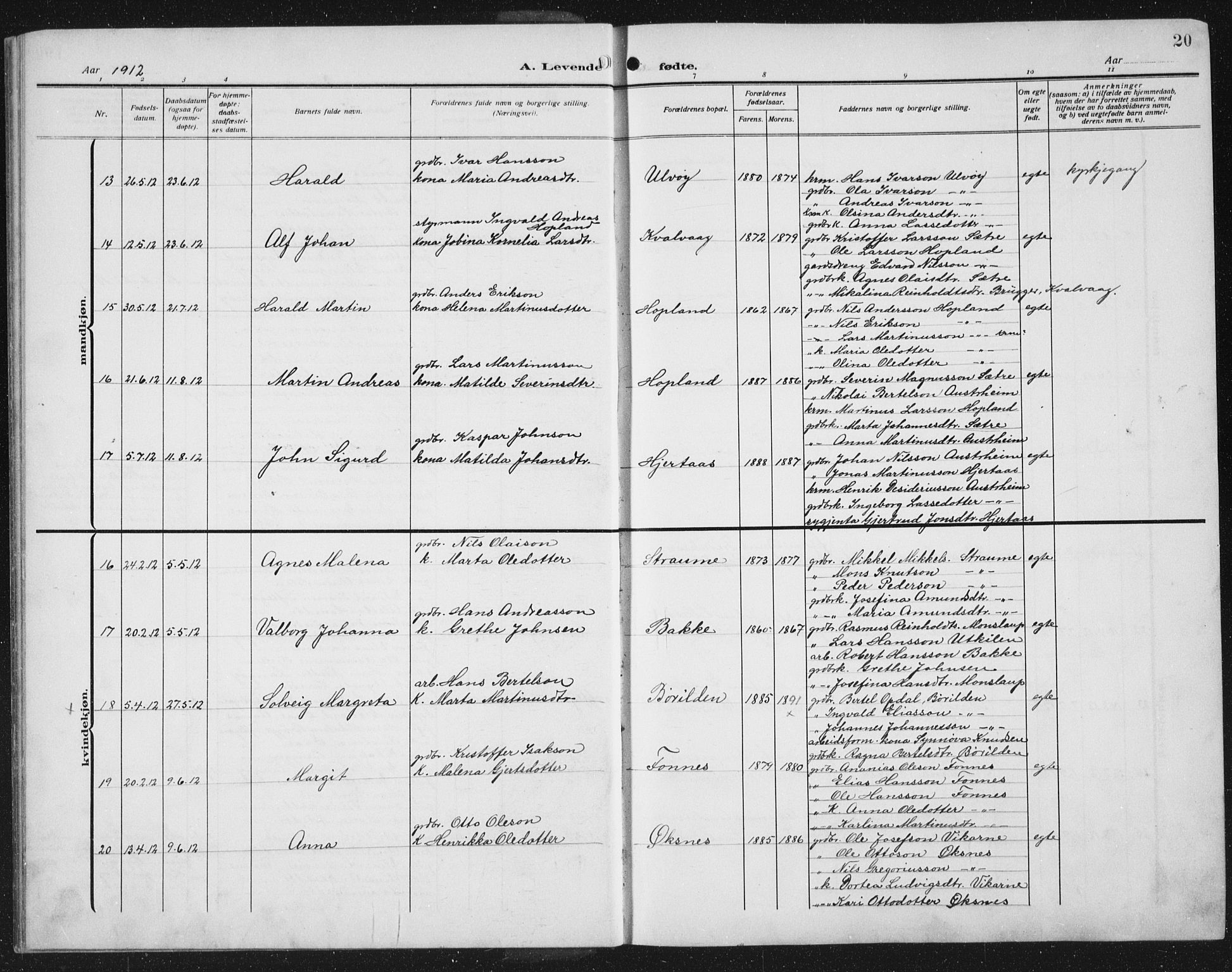 Lindås Sokneprestembete, AV/SAB-A-76701/H/Hab/Habc/L0005: Klokkerbok nr. C 5, 1910-1927, s. 20