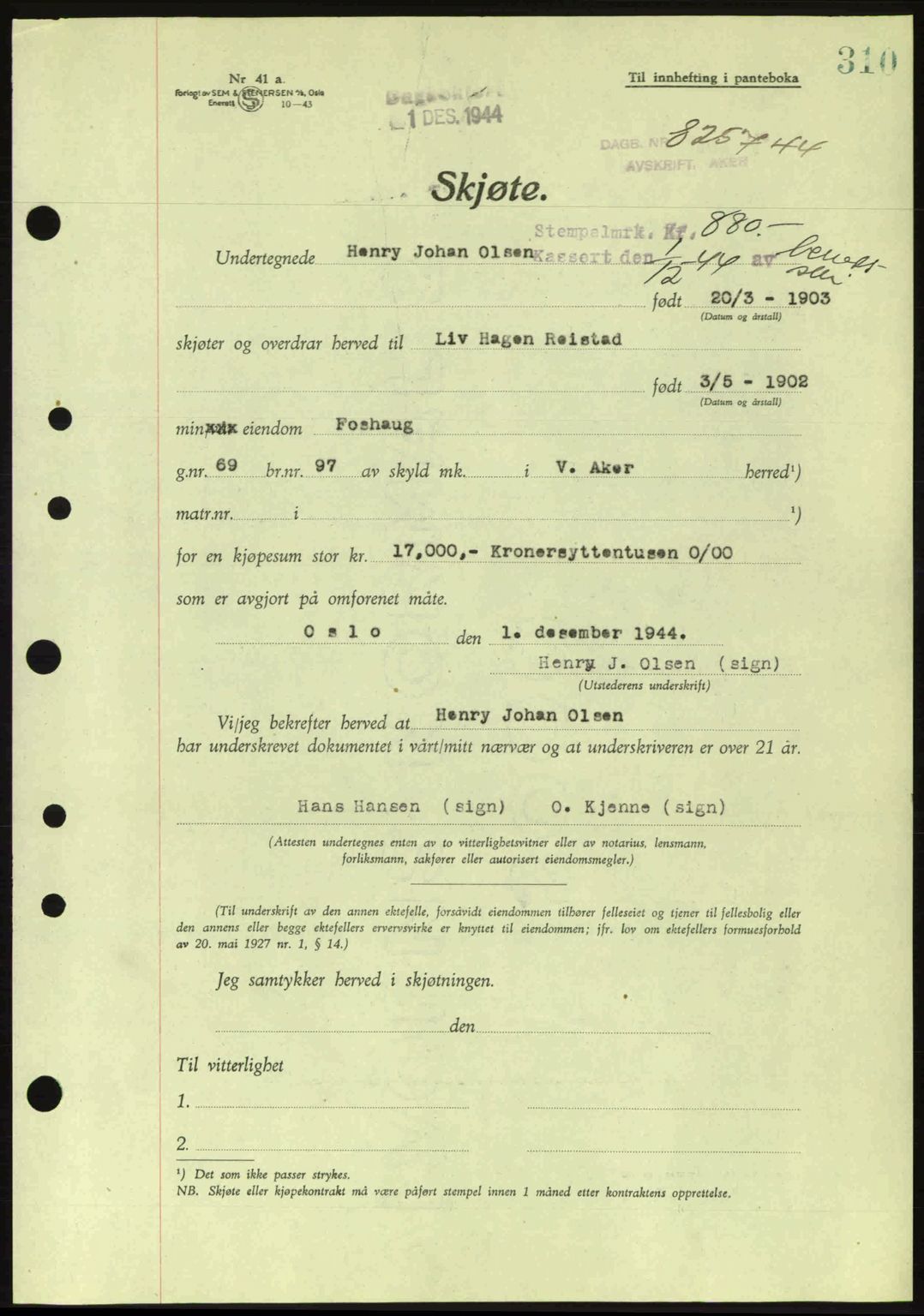 Aker herredsskriveri, SAO/A-10896/G/Gb/Gba/Gbab/L0063: Pantebok nr. A184-185, 1944-1945, Dagboknr: 8257/1944