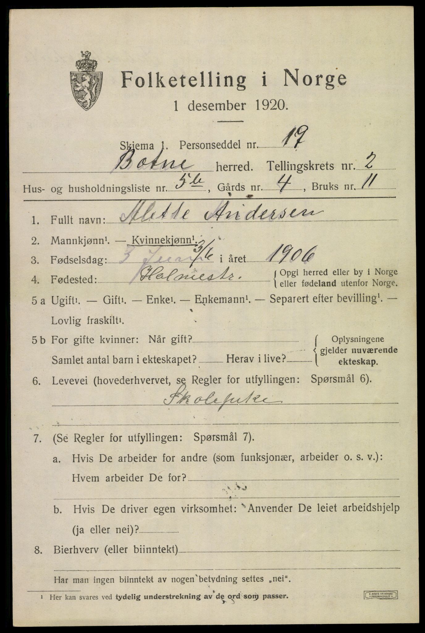 SAKO, Folketelling 1920 for 0715 Botne herred, 1920, s. 2271