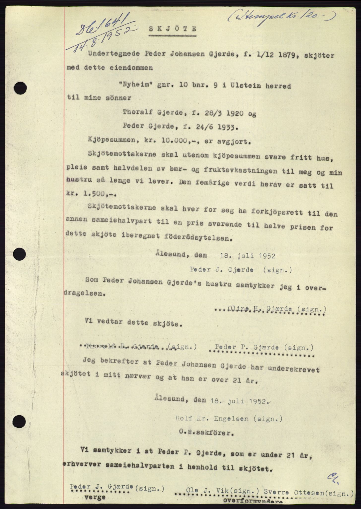 Søre Sunnmøre sorenskriveri, AV/SAT-A-4122/1/2/2C/L0092: Pantebok nr. 18A, 1952-1952, Dagboknr: 1641/1952