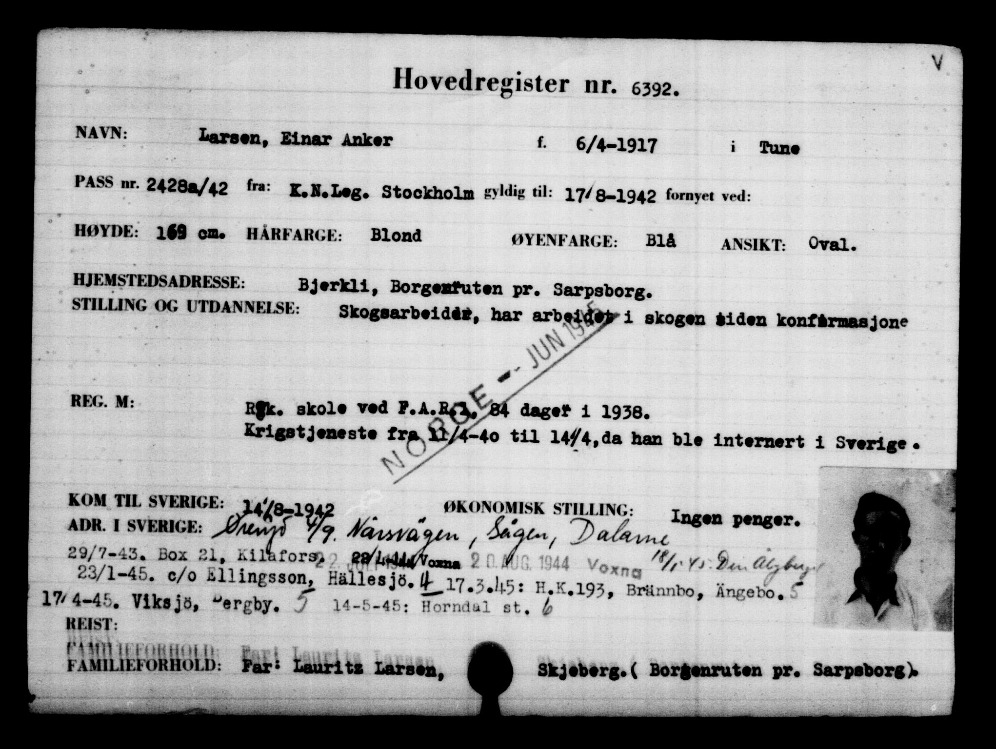 Utenriksstasjonene, Legasjonen i Stockholm, Flyktningkontoret, AV/RA-S-6753/V/Va/L0004: Kjesäterkartoteket, flyktninger med registreringsnr. 3496-6610, 1940-1945, s. 3424
