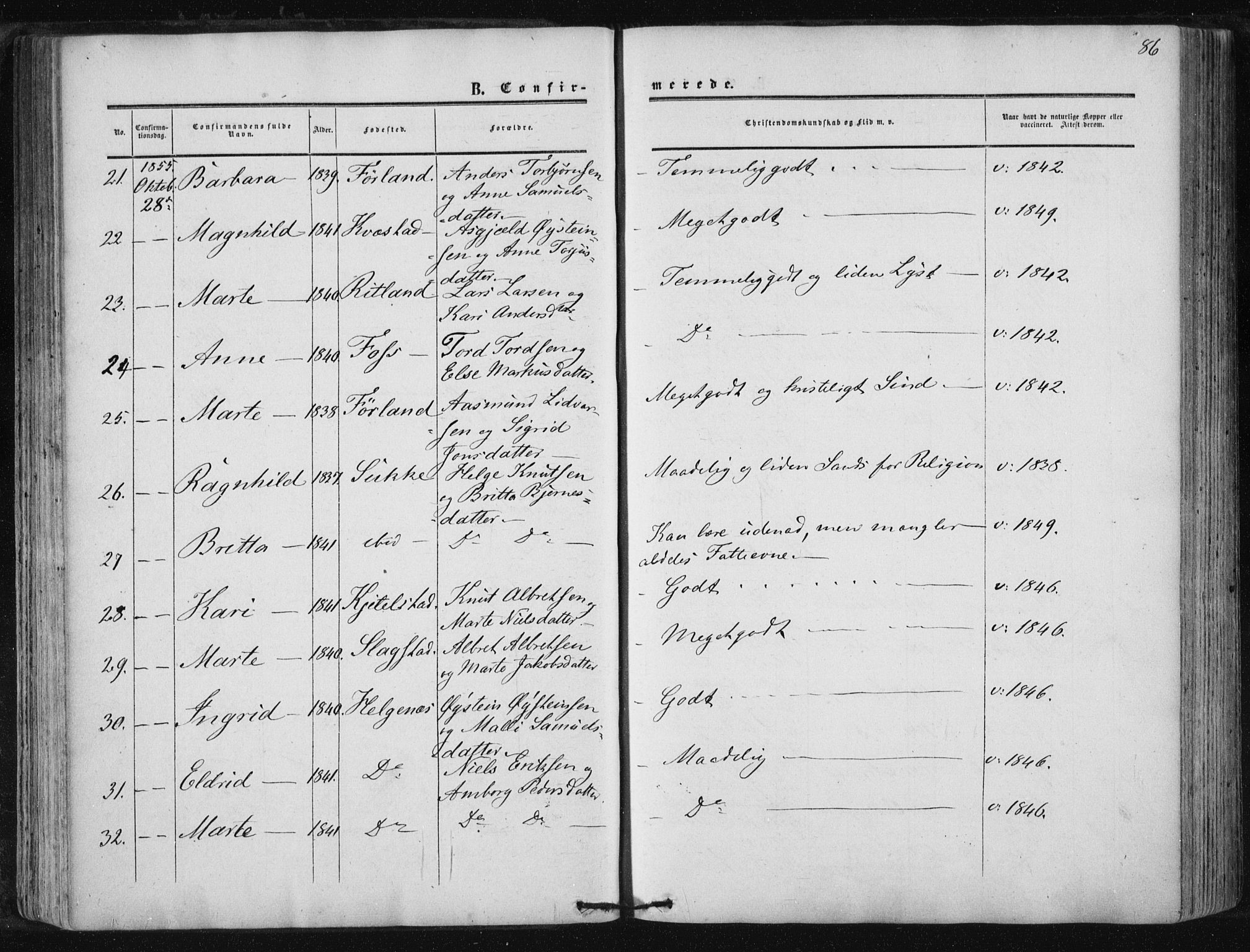 Suldal sokneprestkontor, AV/SAST-A-101845/01/IV/L0009: Ministerialbok nr. A 9, 1854-1868, s. 86