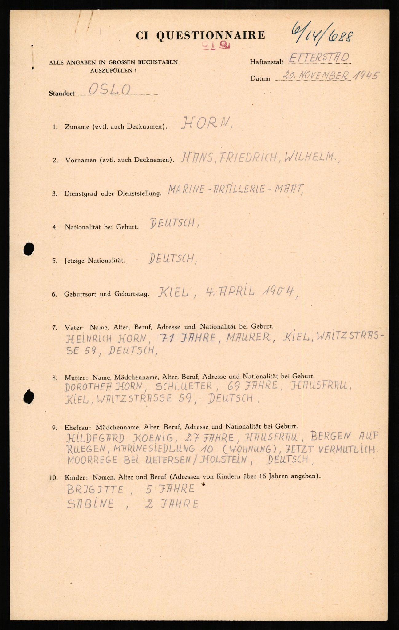 Forsvaret, Forsvarets overkommando II, RA/RAFA-3915/D/Db/L0014: CI Questionaires. Tyske okkupasjonsstyrker i Norge. Tyskere., 1945-1946, s. 10