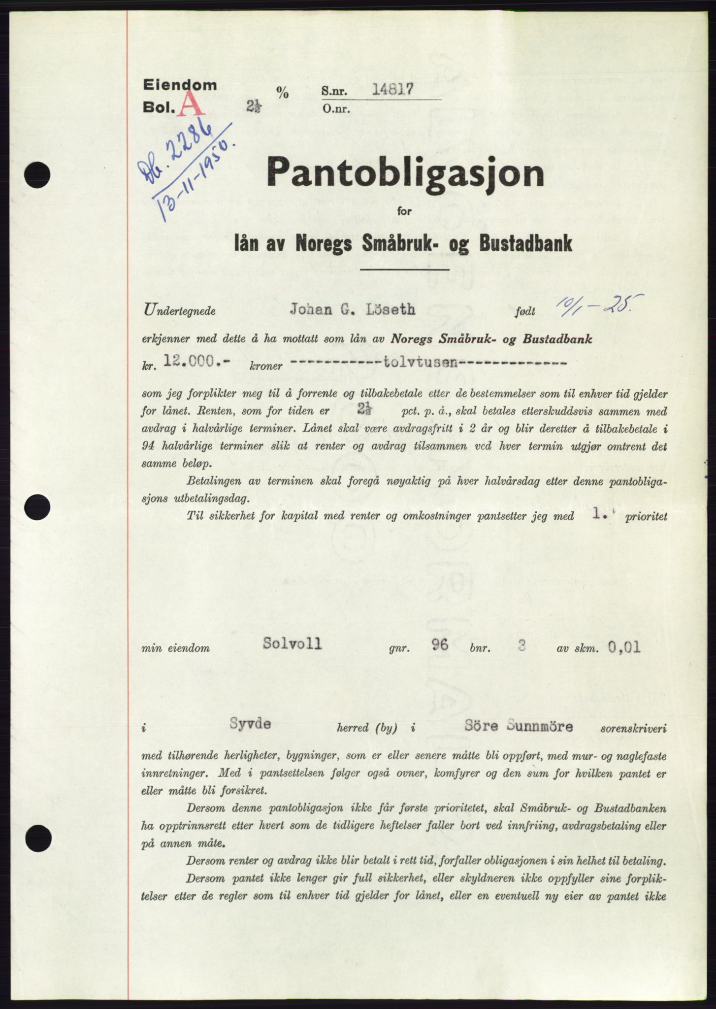 Søre Sunnmøre sorenskriveri, AV/SAT-A-4122/1/2/2C/L0119: Pantebok nr. 7B, 1950-1951, Dagboknr: 2286/1950