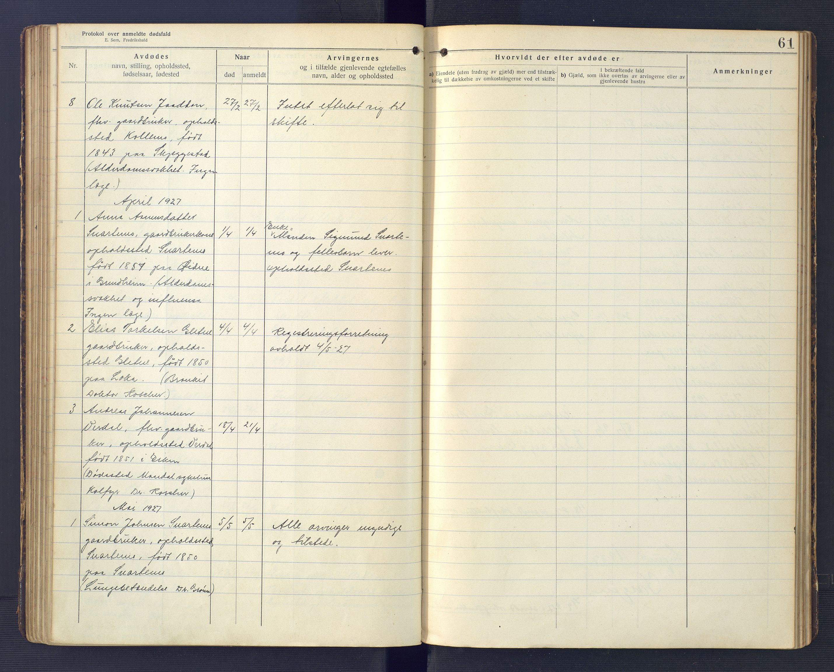 Hægebostad og Eiken lensmannskontor, SAK/1241-0023/F/Fe/L0002: Dødsfallsprotokoll nr 34, 1917-1932, s. 61