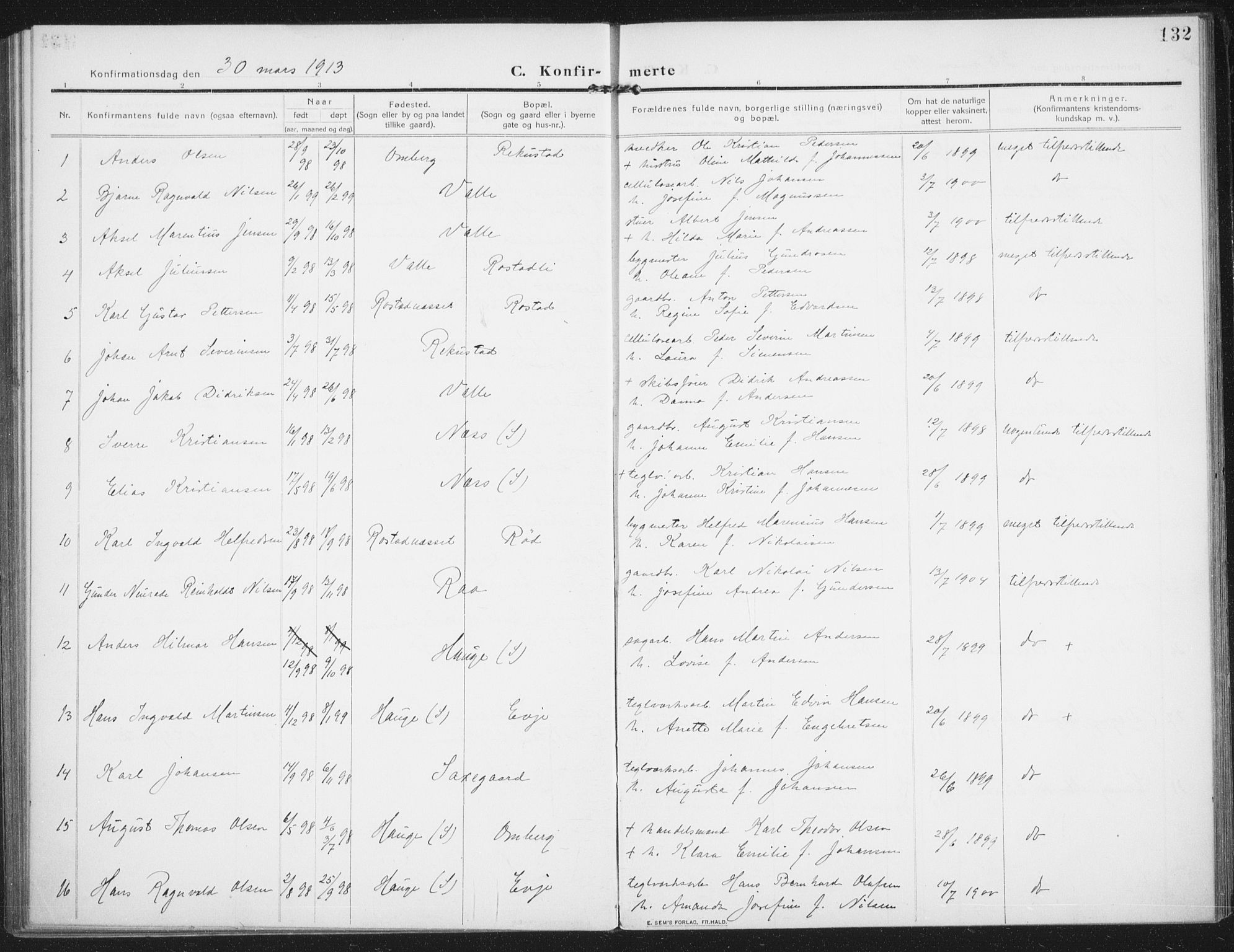 Rolvsøy prestekontor Kirkebøker, AV/SAO-A-2004/F/Fa/L0002: Ministerialbok nr. 2, 1909-1917, s. 132