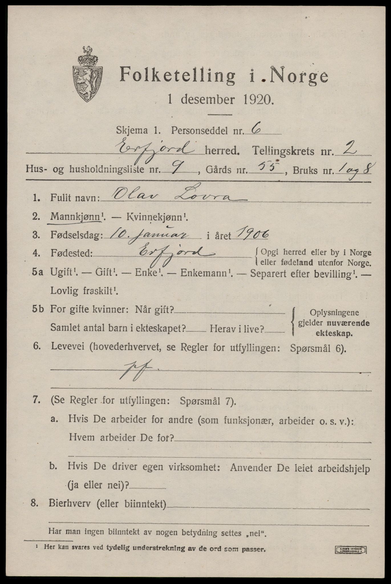 SAST, Folketelling 1920 for 1137 Erfjord herred, 1920, s. 721