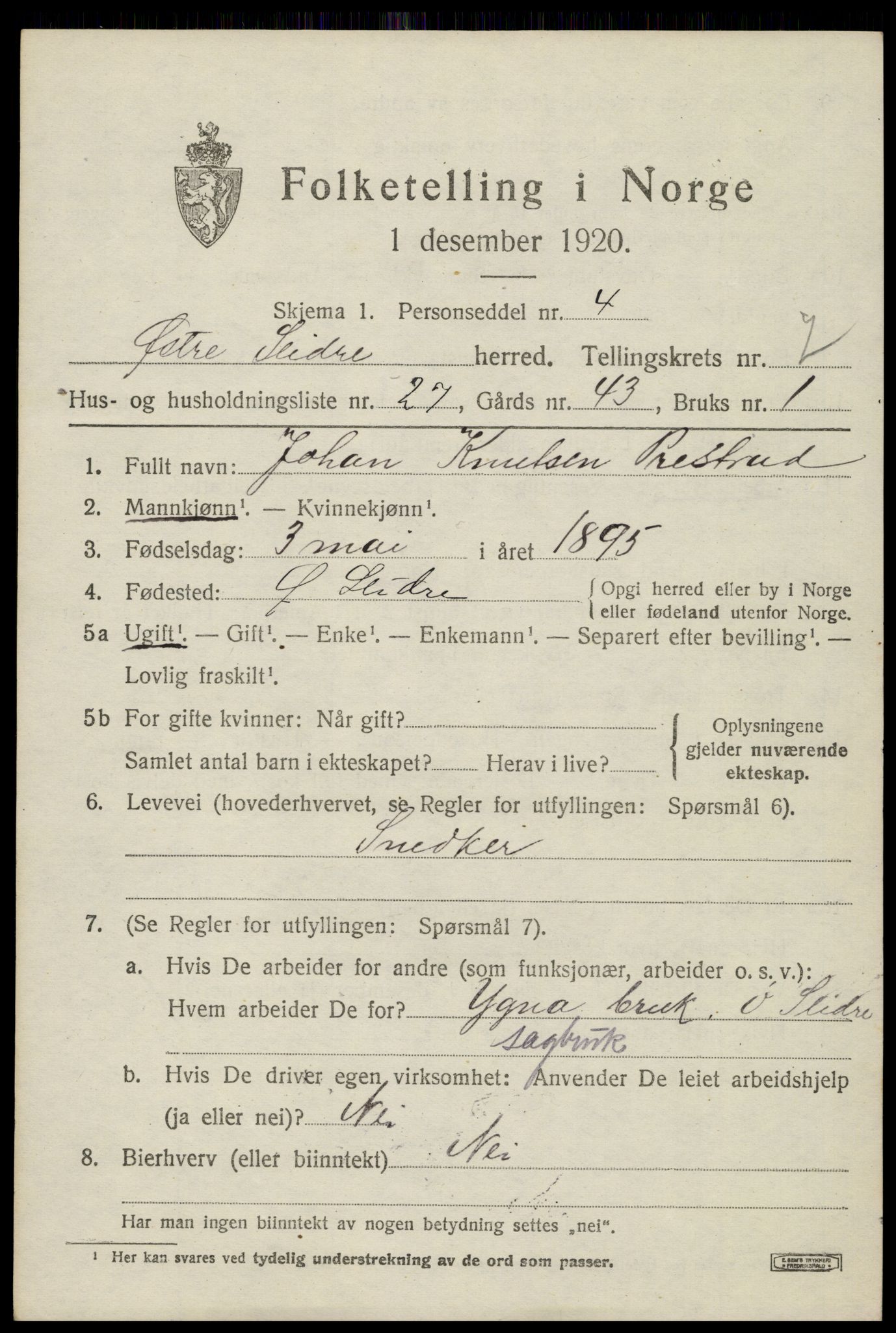 SAH, Folketelling 1920 for 0544 Øystre Slidre herred, 1920, s. 4293