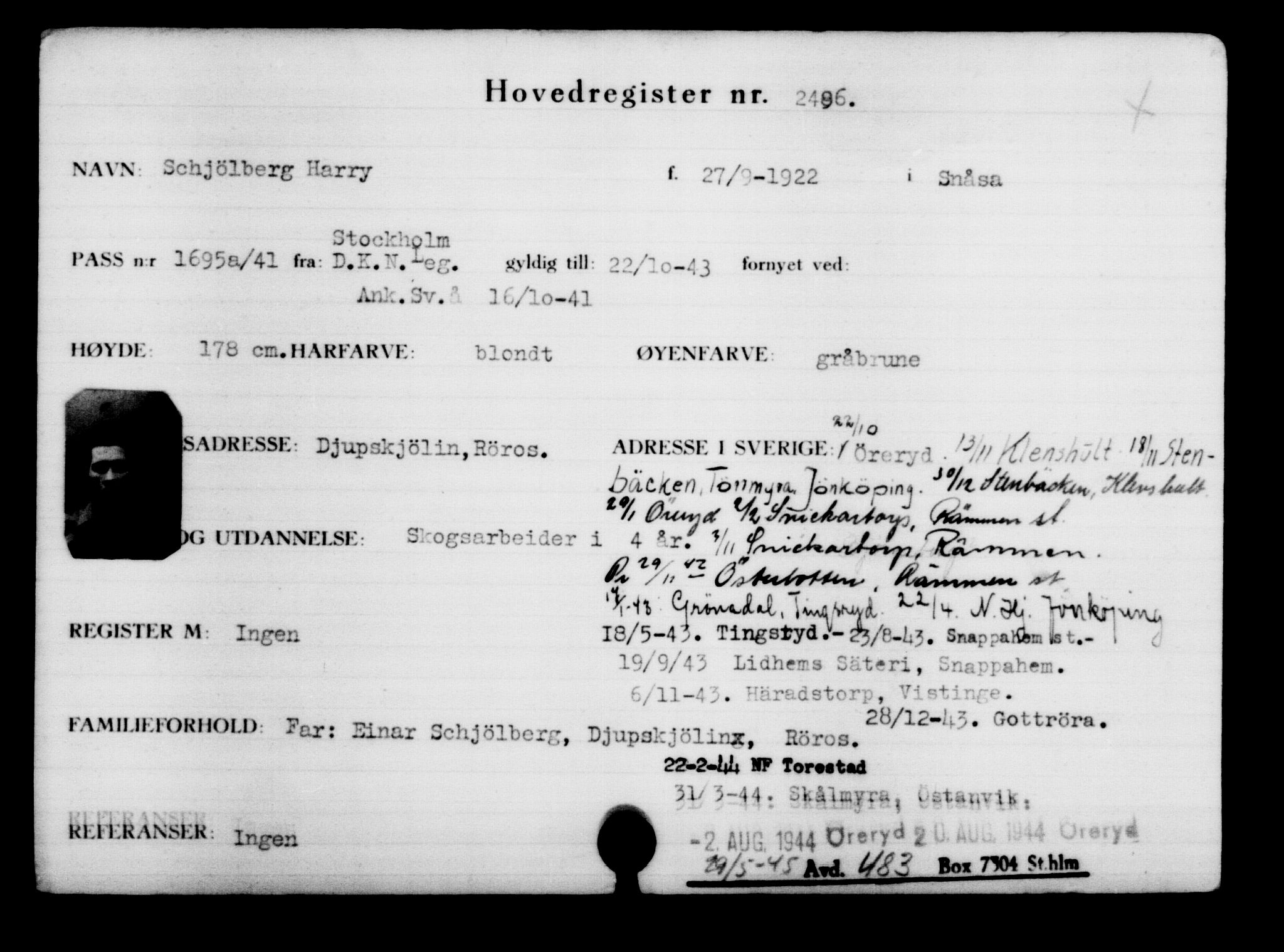Utenriksstasjonene, Legasjonen i Stockholm, Flyktningkontoret, AV/RA-S-6753/V/Va/L0003: Kjesäterkartoteket, flyktninger med registreringsnr. 2001-3495, 1940-1945, s. 633