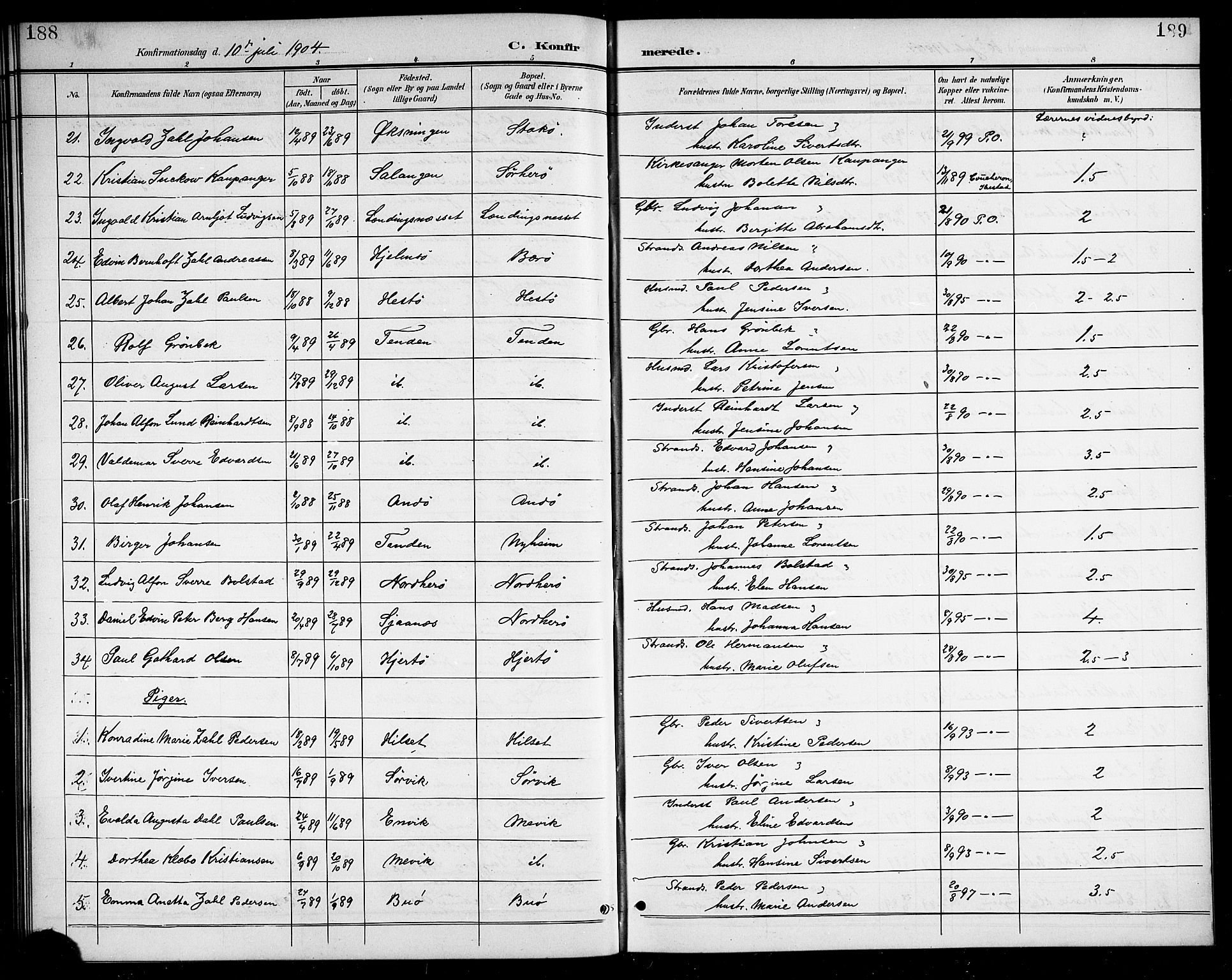 Ministerialprotokoller, klokkerbøker og fødselsregistre - Nordland, AV/SAT-A-1459/834/L0516: Klokkerbok nr. 834C06, 1902-1918, s. 188-189