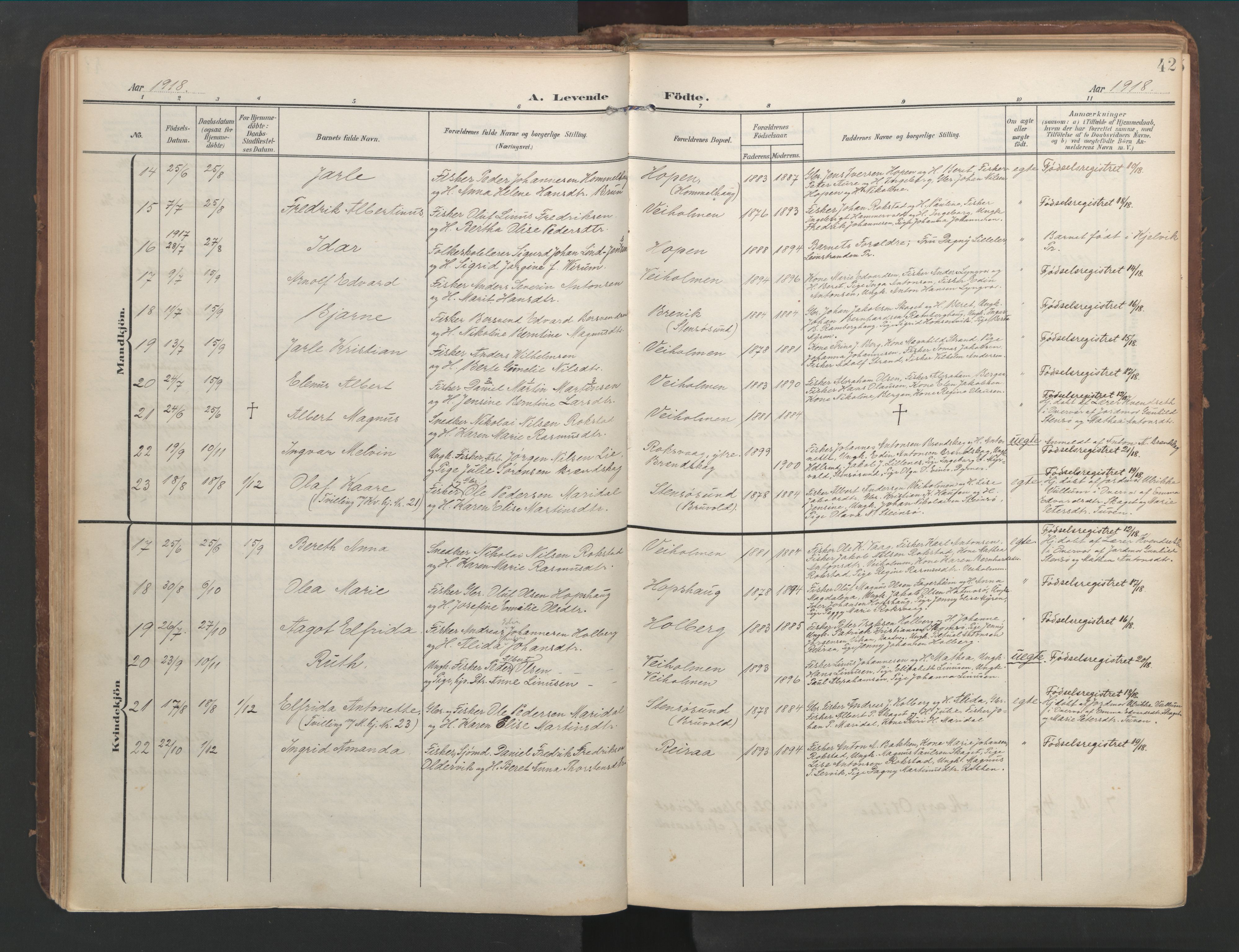 Ministerialprotokoller, klokkerbøker og fødselsregistre - Møre og Romsdal, AV/SAT-A-1454/583/L0955: Ministerialbok nr. 583A02, 1907-1926, s. 42