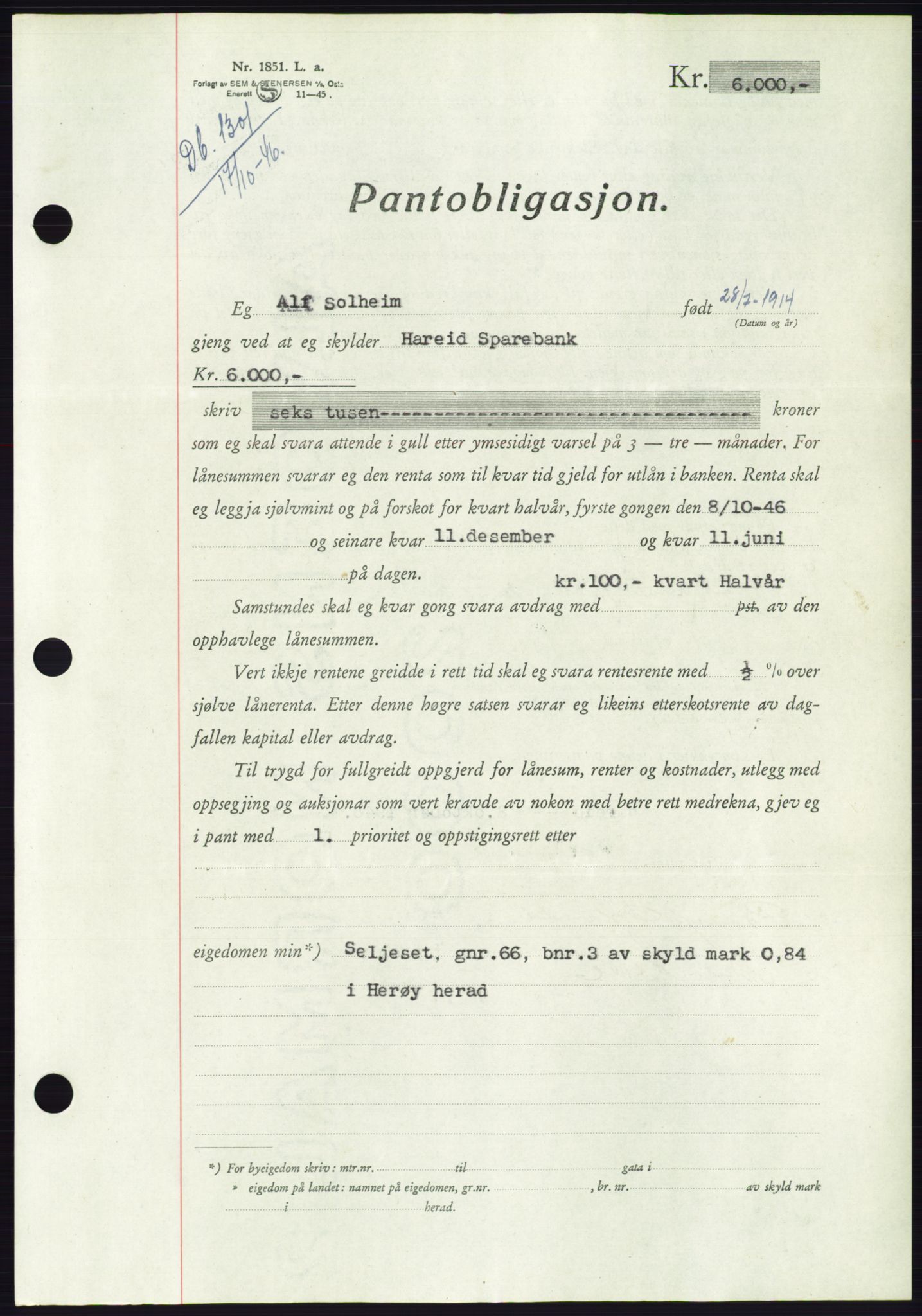 Søre Sunnmøre sorenskriveri, AV/SAT-A-4122/1/2/2C/L0114: Pantebok nr. 1-2B, 1943-1947, Dagboknr: 1301/1946
