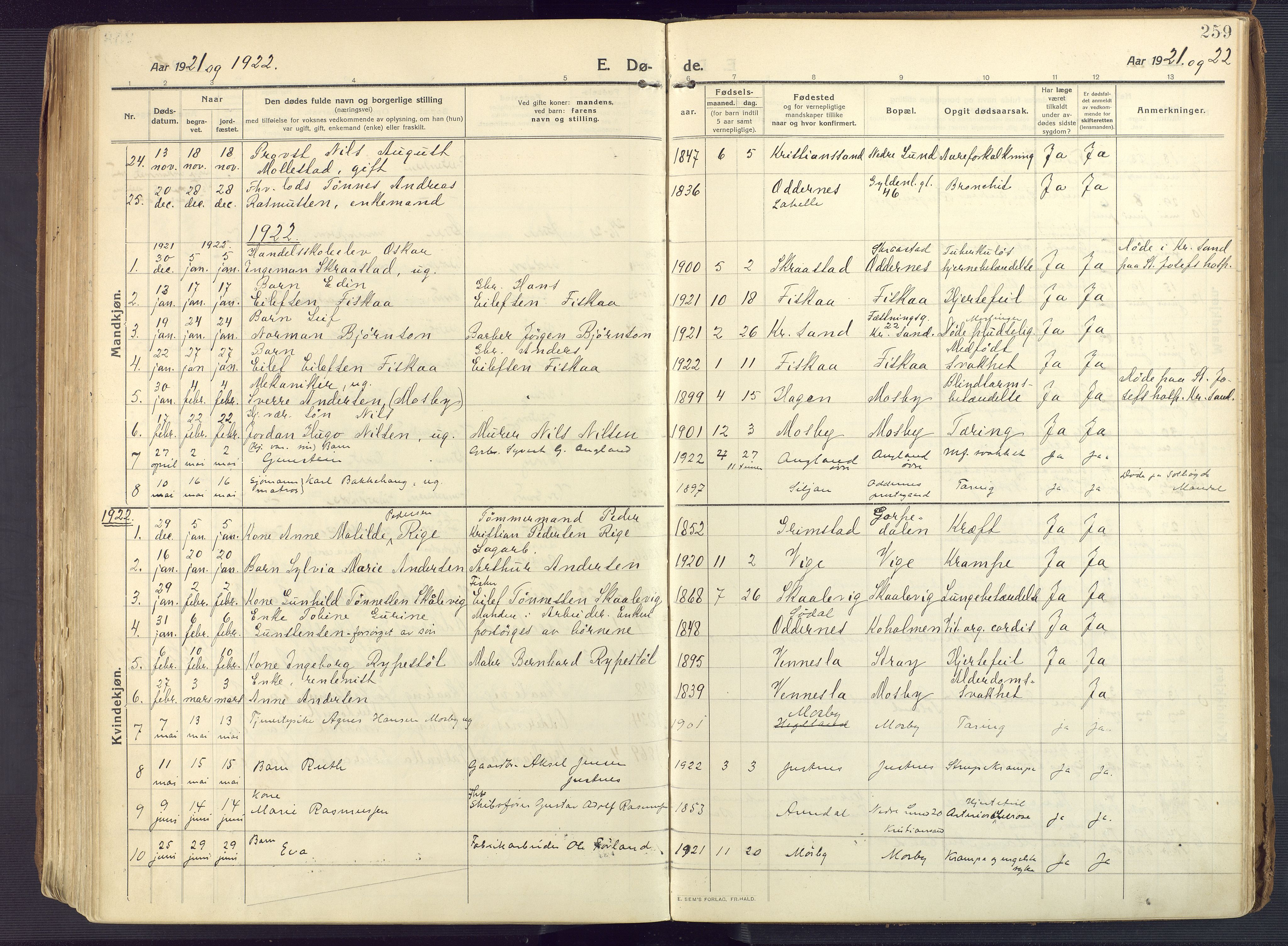 Oddernes sokneprestkontor, AV/SAK-1111-0033/F/Fa/Faa/L0012: Ministerialbok nr. A 12, 1912-1925, s. 259