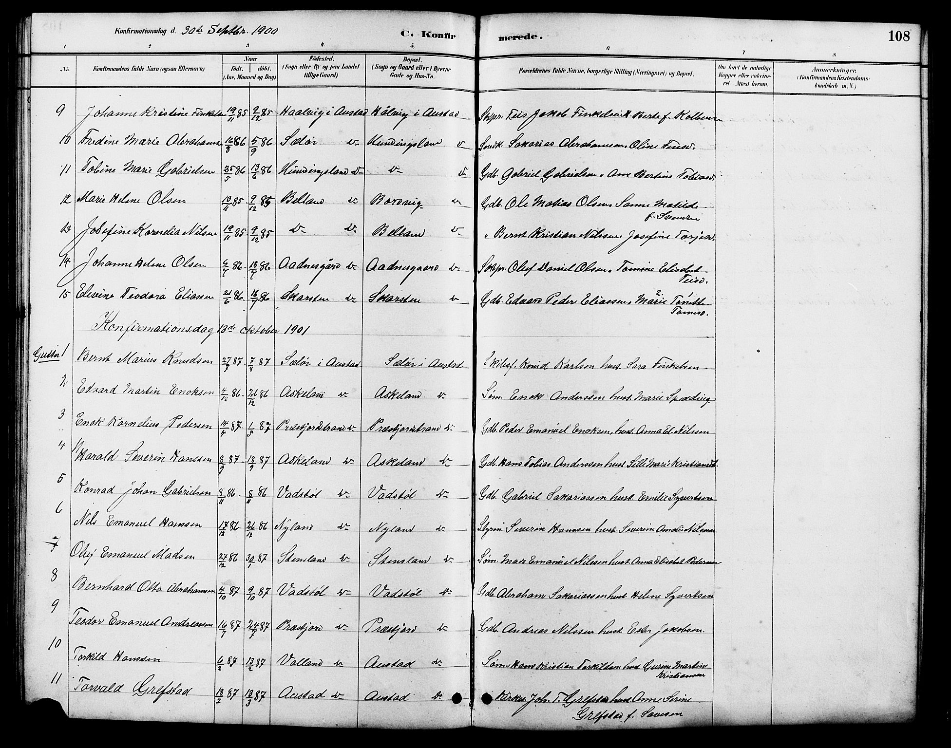 Lyngdal sokneprestkontor, AV/SAK-1111-0029/F/Fb/Fba/L0003: Klokkerbok nr. B 3, 1886-1903, s. 108