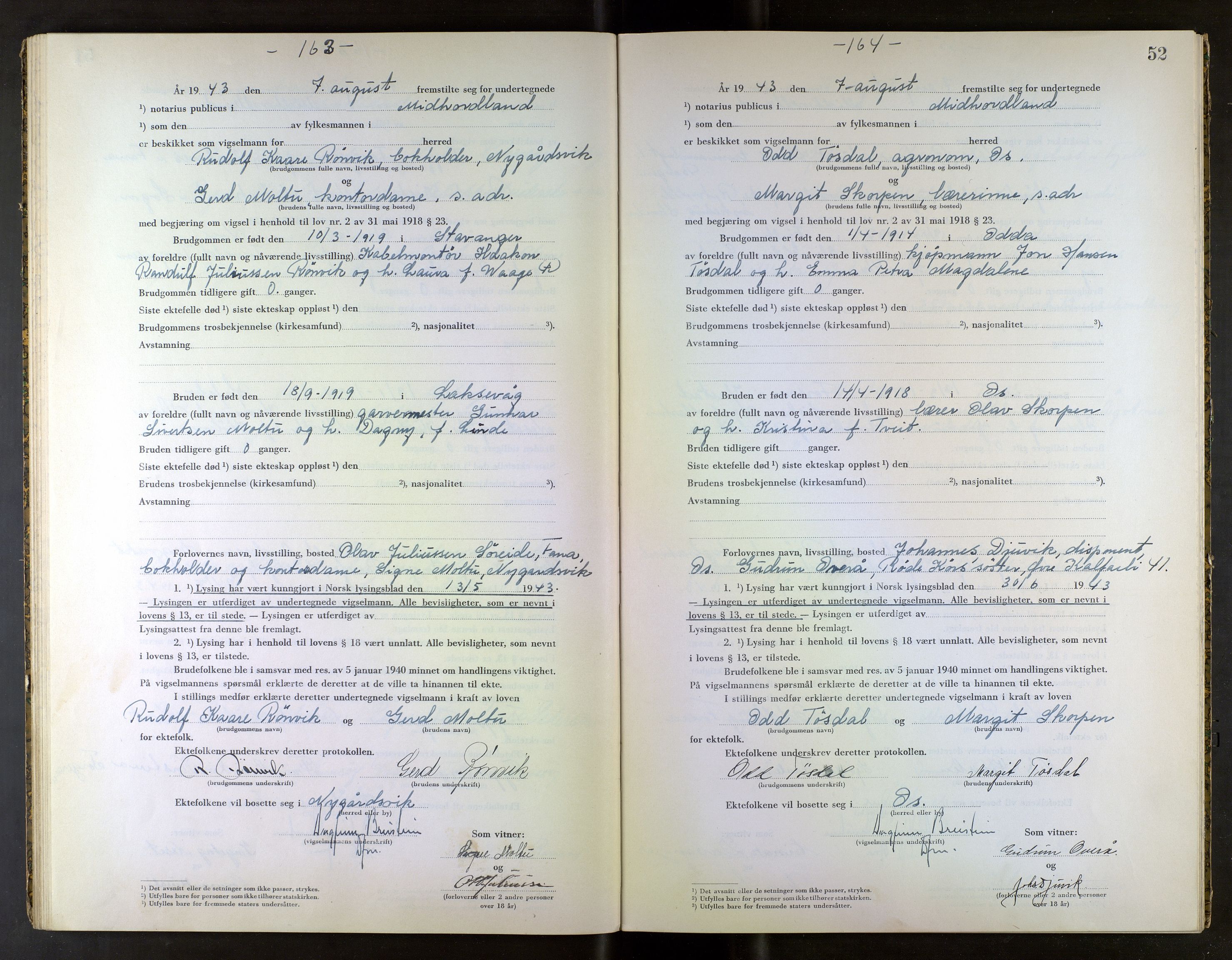 Midhordland sorenskriveri, AV/SAB-A-3001/1/M/Mc/Mca/L0004: Notarialbilag. Vigselbøker, 1943, s. 52