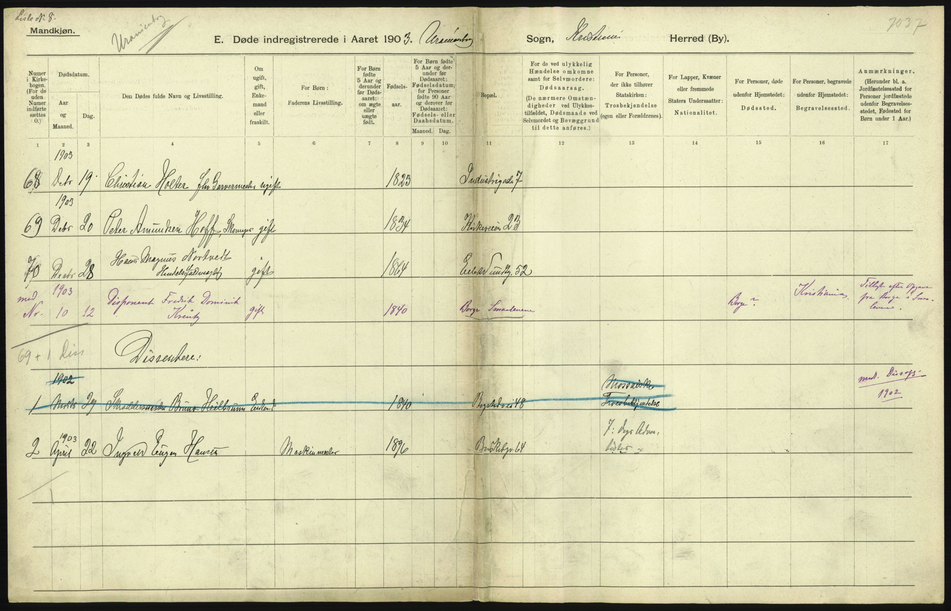 Statistisk sentralbyrå, Sosiodemografiske emner, Befolkning, AV/RA-S-2228/D/Df/Dfa/Dfaa/L0004: Kristiania: Gifte, døde, 1903, s. 179