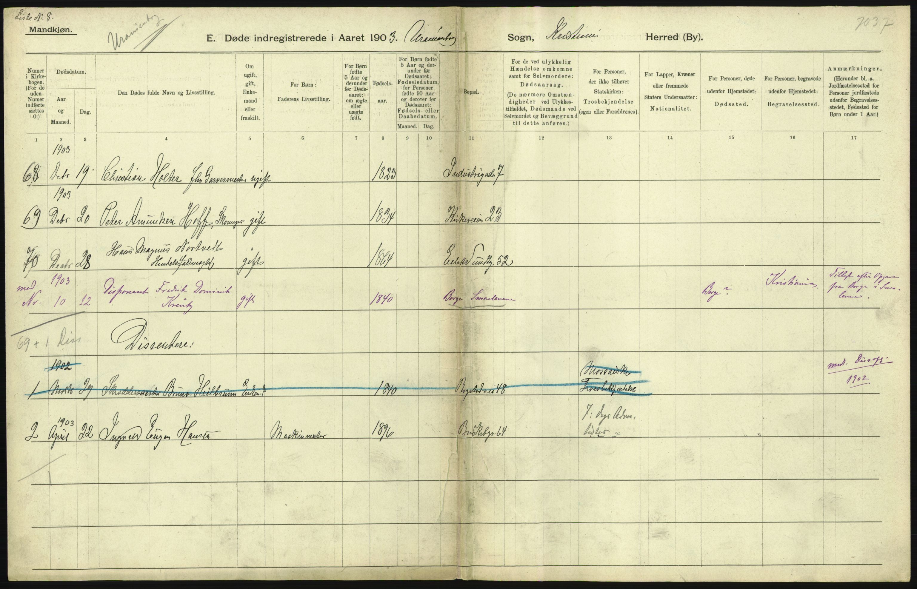 Statistisk sentralbyrå, Sosiodemografiske emner, Befolkning, RA/S-2228/D/Df/Dfa/Dfaa/L0004: Kristiania: Gifte, døde, 1903, s. 179