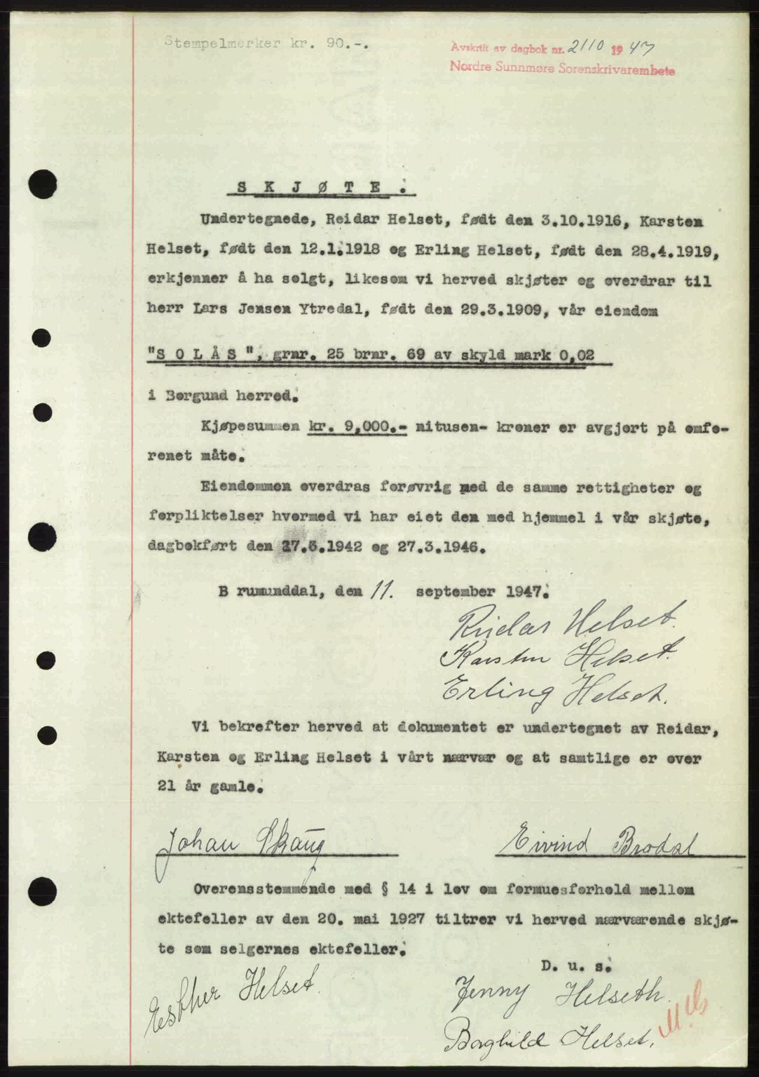 Nordre Sunnmøre sorenskriveri, AV/SAT-A-0006/1/2/2C/2Ca: Pantebok nr. A26, 1947-1948, Dagboknr: 2110/1947