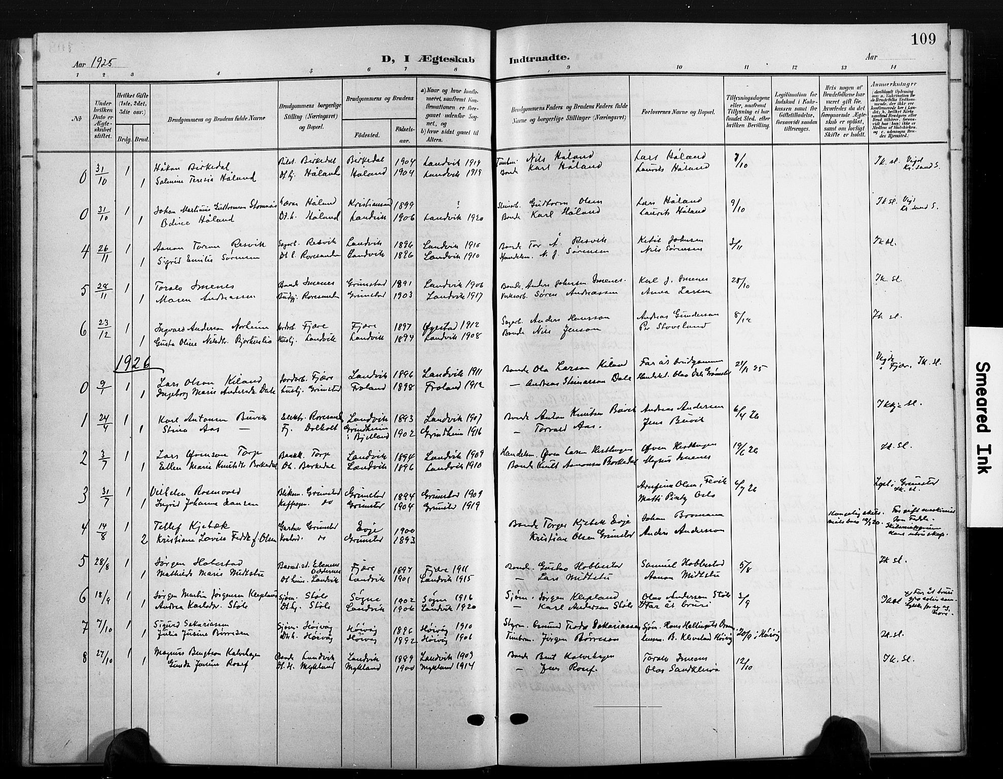 Hommedal sokneprestkontor, AV/SAK-1111-0023/F/Fb/Fbb/L0008: Klokkerbok nr. B 8, 1905-1929, s. 109