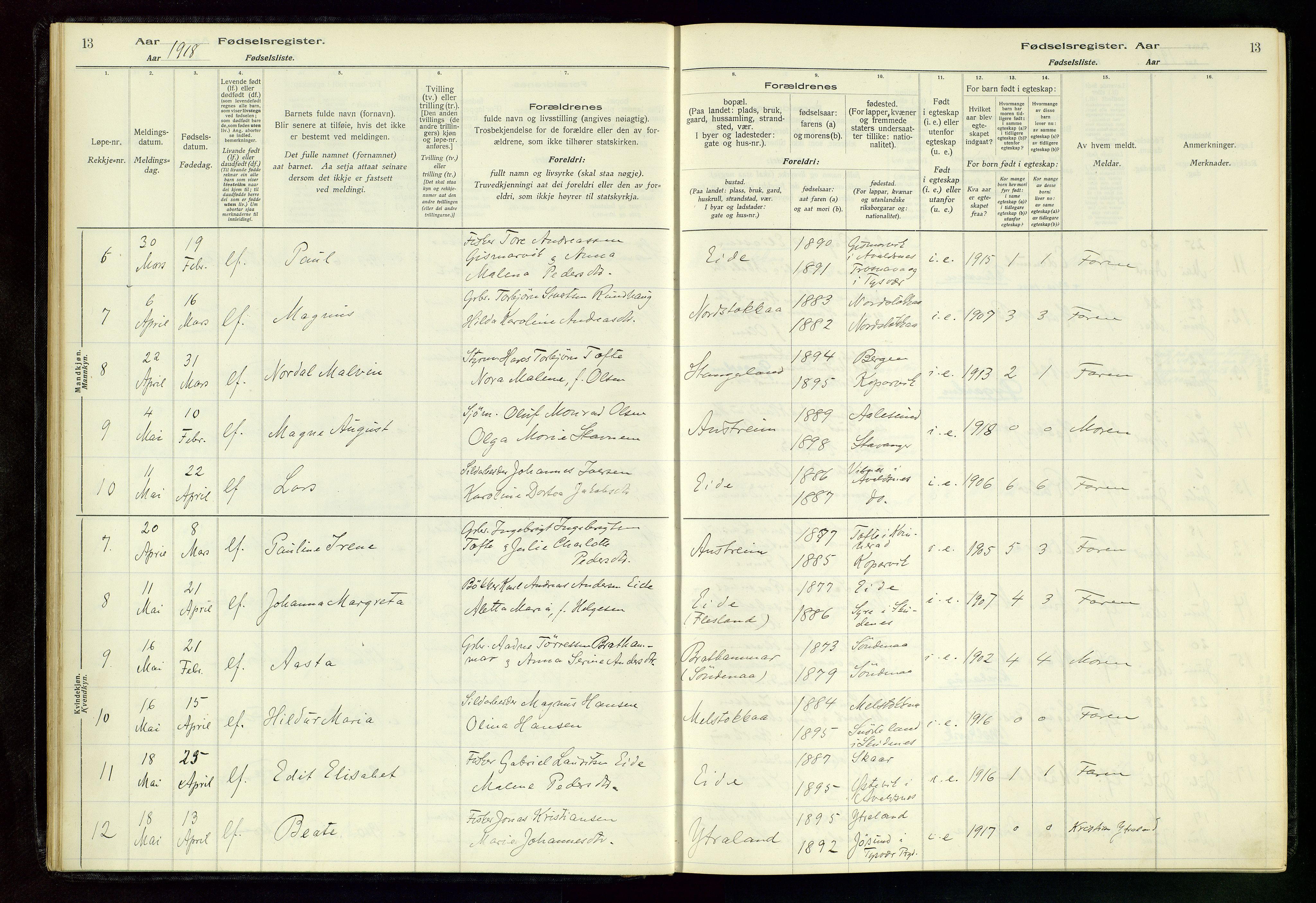 Kopervik sokneprestkontor, AV/SAST-A-101850/I/Id/L0004: Fødselsregister nr. 4, 1916-1958, s. 13