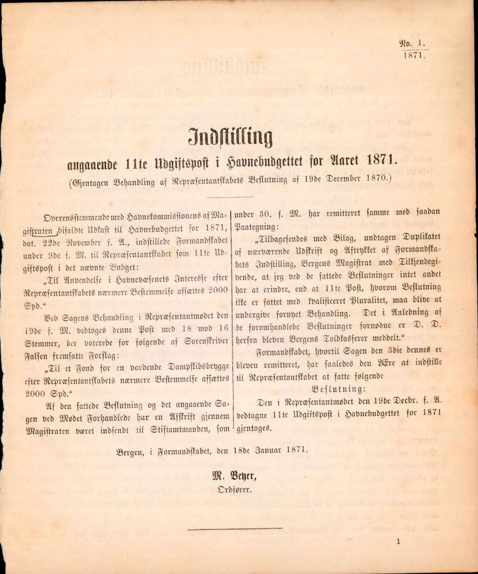 Bergen kommune. Formannskapet, BBA/A-0003/Ad/L0026: Bergens Kommuneforhandlinger, 1871