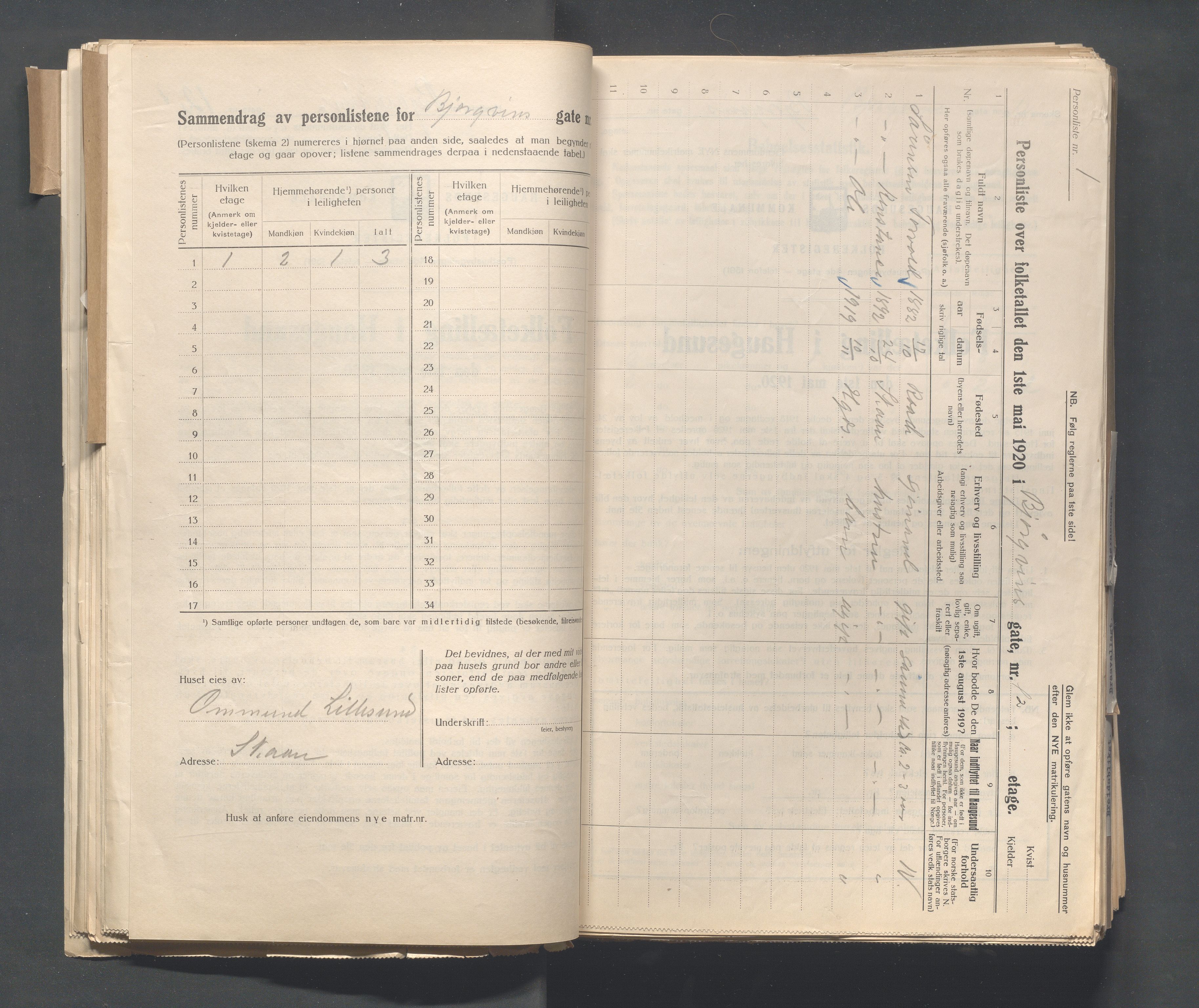 IKAR, Kommunal folketelling 1.5.1920 for Haugesund, 1920, s. 124