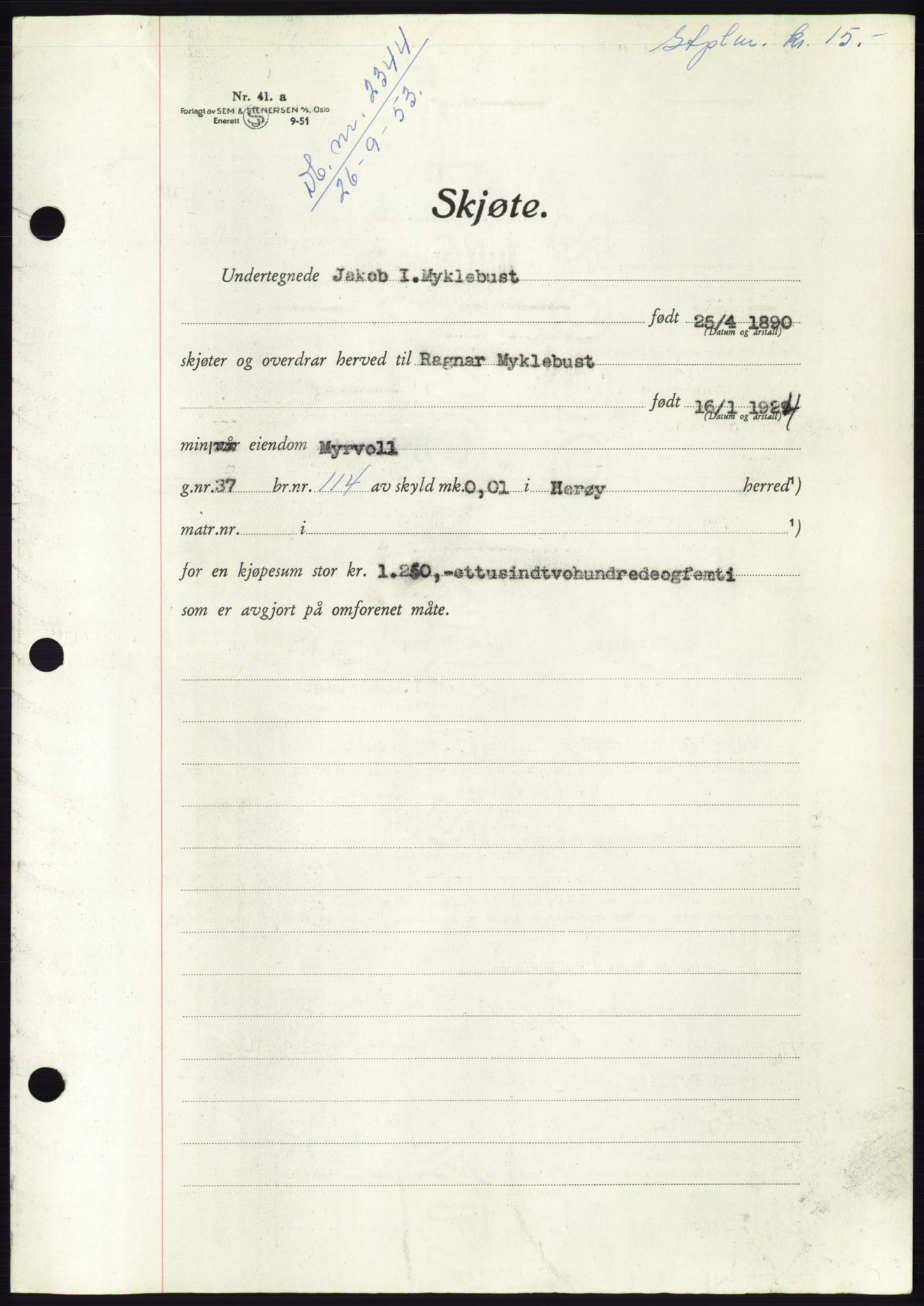 Søre Sunnmøre sorenskriveri, AV/SAT-A-4122/1/2/2C/L0095: Pantebok nr. 21A, 1953-1953, Dagboknr: 2344/1953