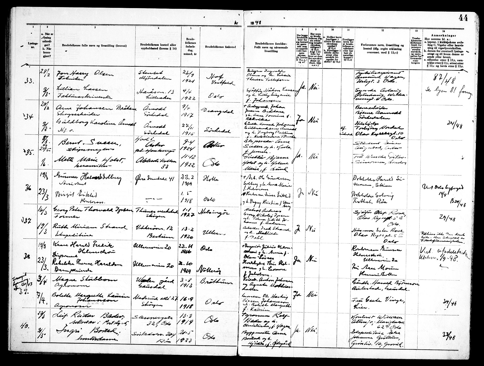 Ullern prestekontor Kirkebøker, AV/SAO-A-10740/H/L0005: Lysningsprotokoll nr. 5, 1946-1951, s. 44