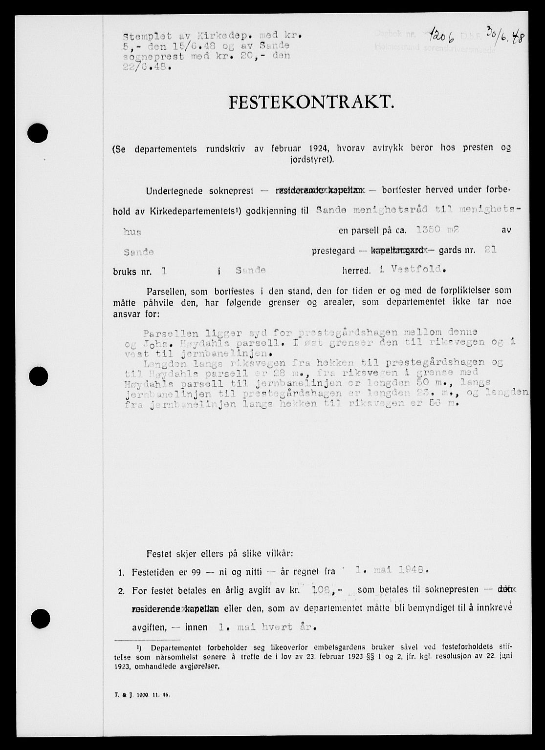 Holmestrand sorenskriveri, SAKO/A-67/G/Ga/Gaa/L0064: Pantebok nr. A-64, 1948-1948, Dagboknr: 1206/1948
